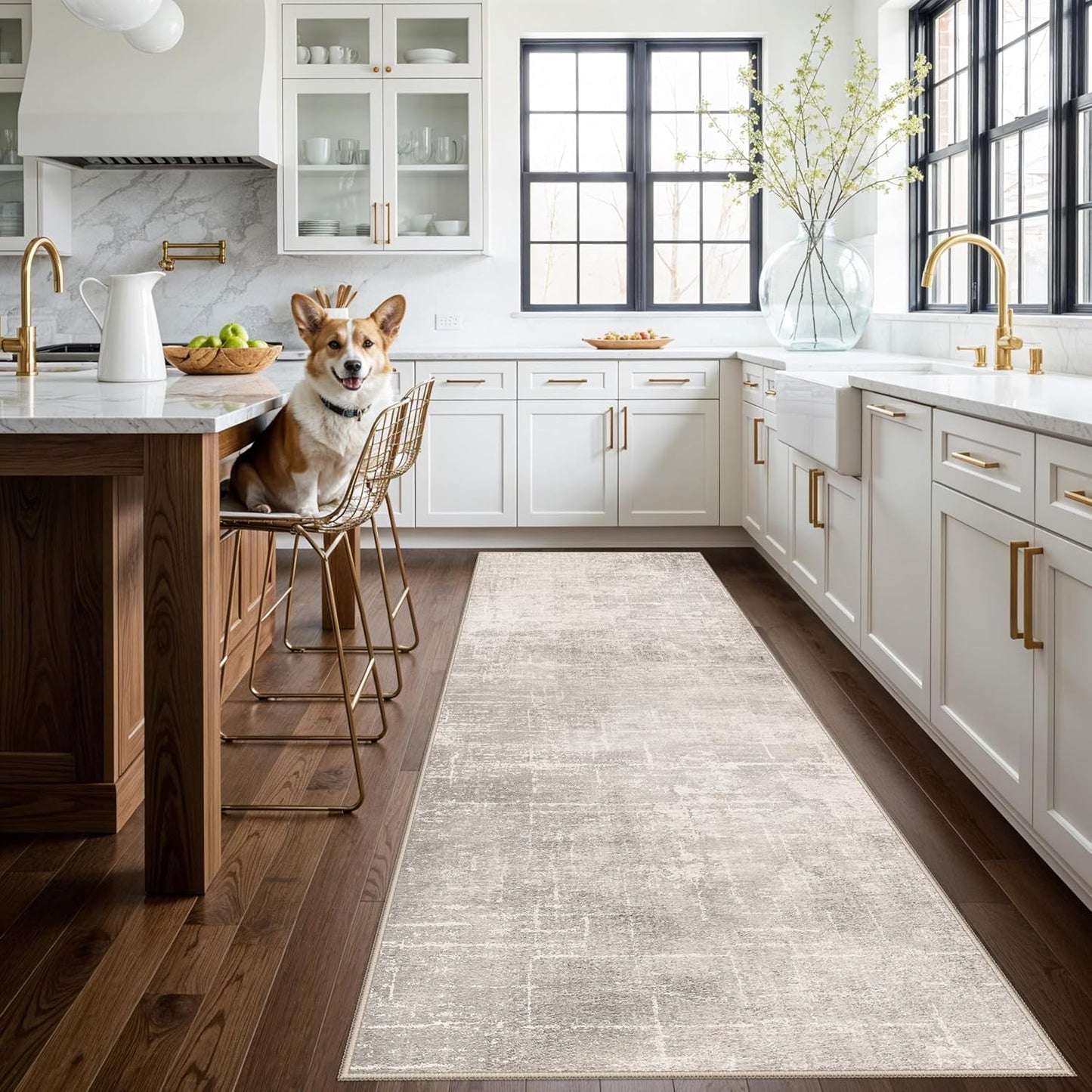 Skiennix Abstract Kitchen Rug Runner - Washable Non-Slip Soft Floor Mat | 3x10 ft Beige/Cream