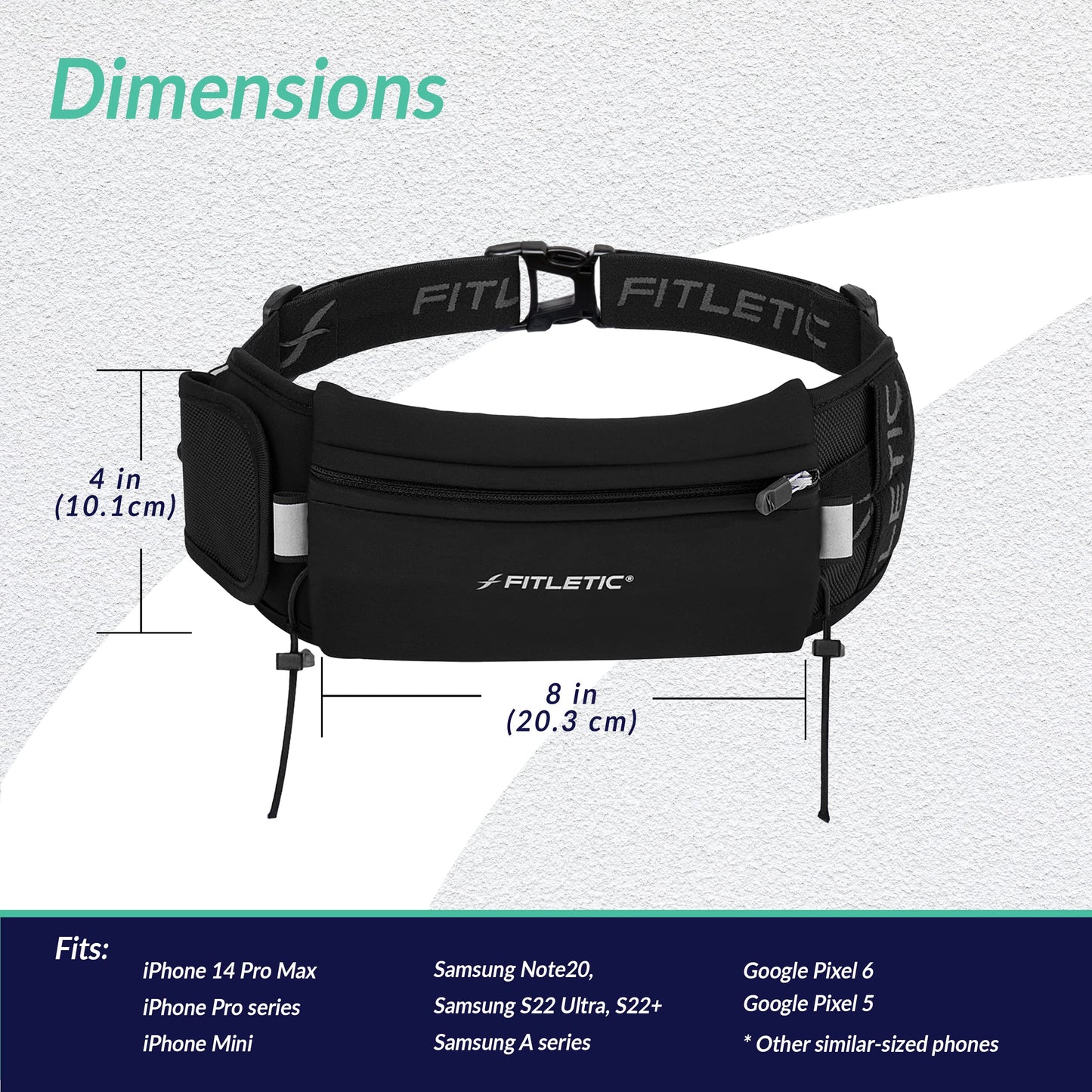 Fitletic Running Belt with Side Pocket, Loops for Energy Gels, Race Bib Number Holder. Waist Pack Water Resistant Phone Holder. Model Ultimate II Black
