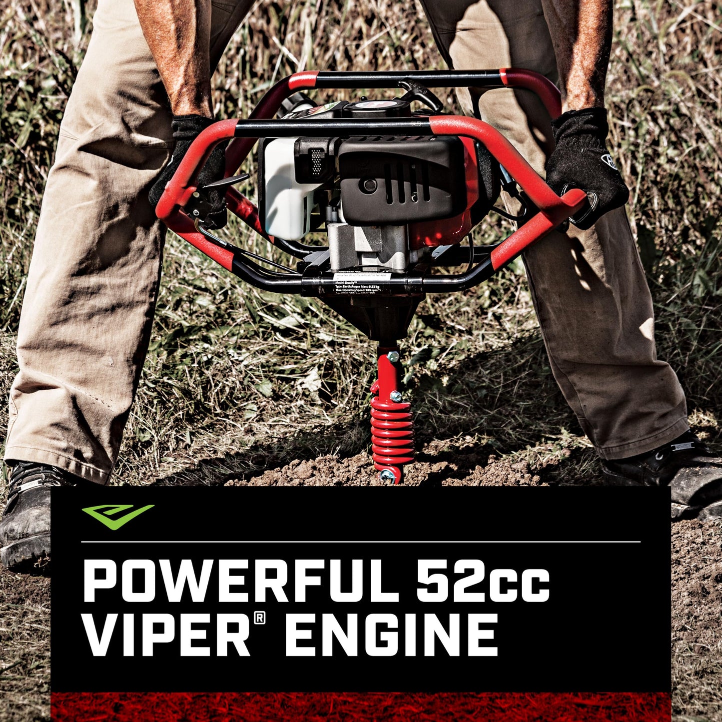 EARTHQUAKE 10310 Dually 1 or 2-Person Earth Auger Powerhead, 52cc 2-Cycle Viper Engine, Fits All Auger Bits 2”-10” Wide
