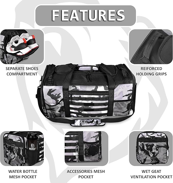 Unisex Duffel Bag Gray Camo, Extra Roomy Waterproof Gym Bag For Women with Shoe Compartment, Sports Bag with Zippered Pockets, Adjustable Strap