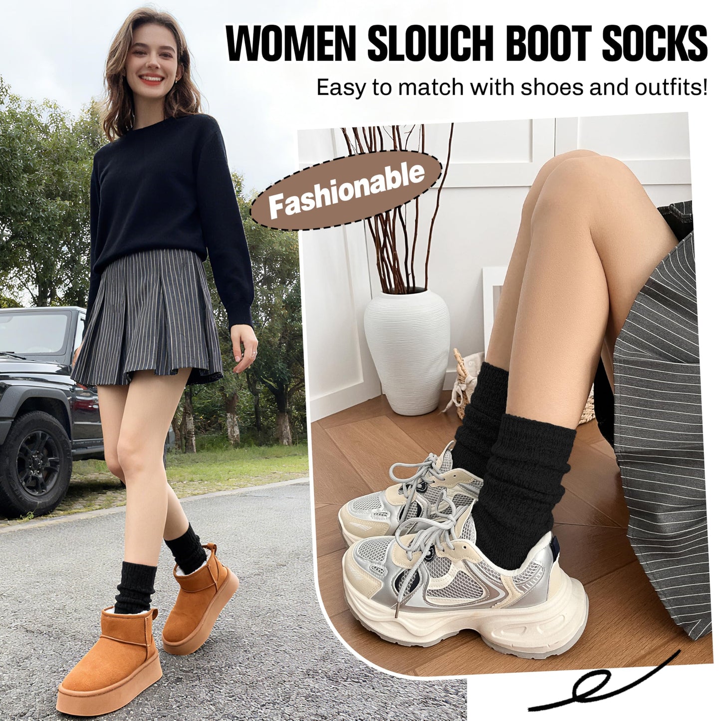 Sandsuced Womens Black Slouchy Boot Socks Winter Warm Cozy Slouch Scrunch Winter Fuzzy Fluffy Crew Socks 5 Pairs Gifts Stocking Stuffers(Black, M)