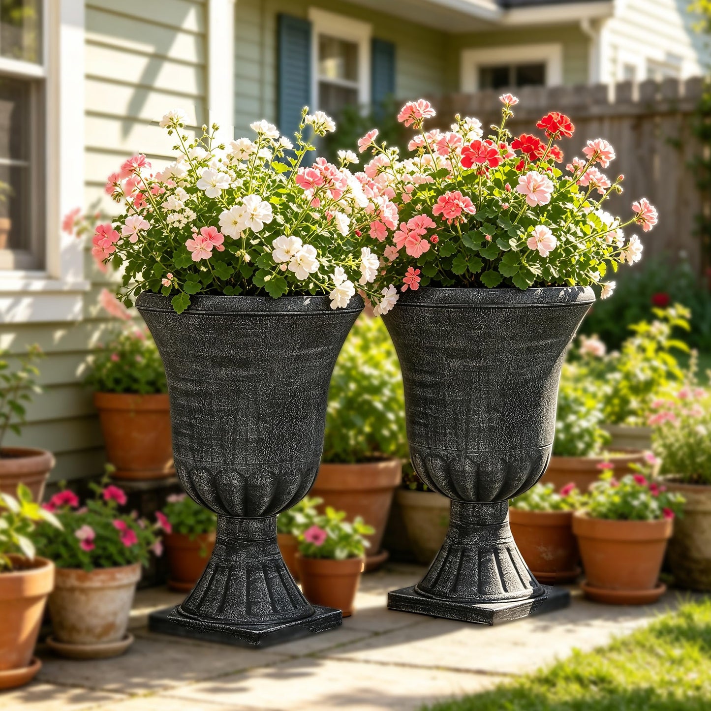 Autodaya 22" Timeless Urn Planters for Outdoor Plants, Set of 2 Plastic Large Flower Pot with Handmade Washed Black Finish, Weather-Resistant for Porch, Garden, Patio or Indoor Use