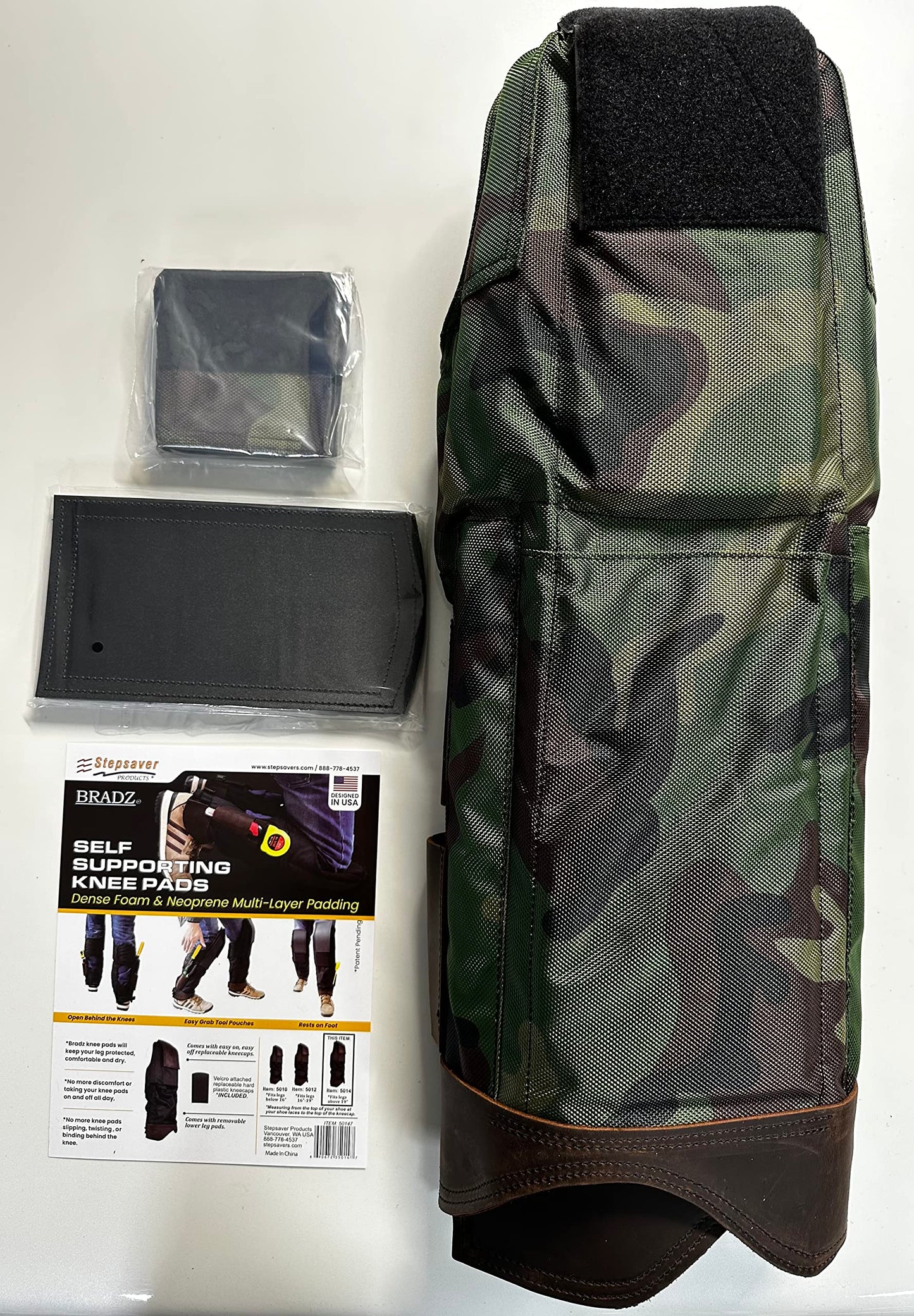 bradz Self-Supporting Knee Pads with built in tool pouches and replacable kneecaps offer open behind the knee all day comfort (5014 Large, Camo)