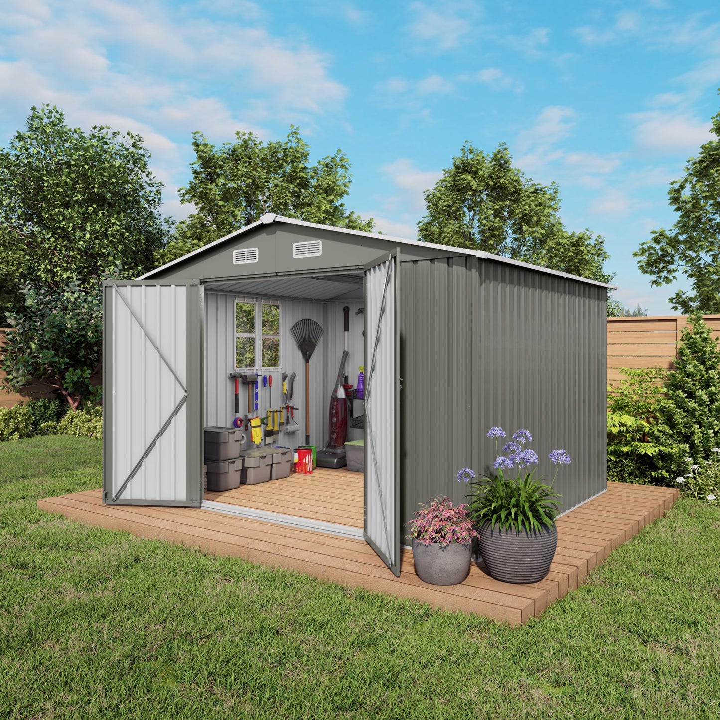 120"x96"x76.4" Metal Storage Shed Outdoor Garden Tool Shed, Galvanized Steel Lockable Backyard Organizer, Double Door Utility Shed with Windows for Lawn Equipment, Bikes, Patio & Backyard Storage