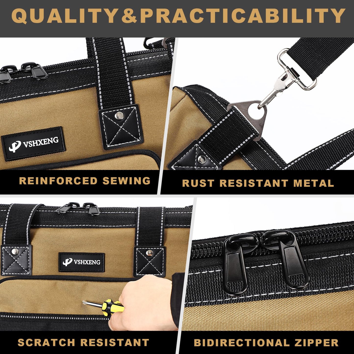 VSHXENG 17 IN Large Tool Bag For Men Heavy Duty, Drill Bag Tool Bag Organizer, Wide Mouth Waterproof Hard Bottom Multiple Pockets Tool Tote, Tool Caddy, Maintenance