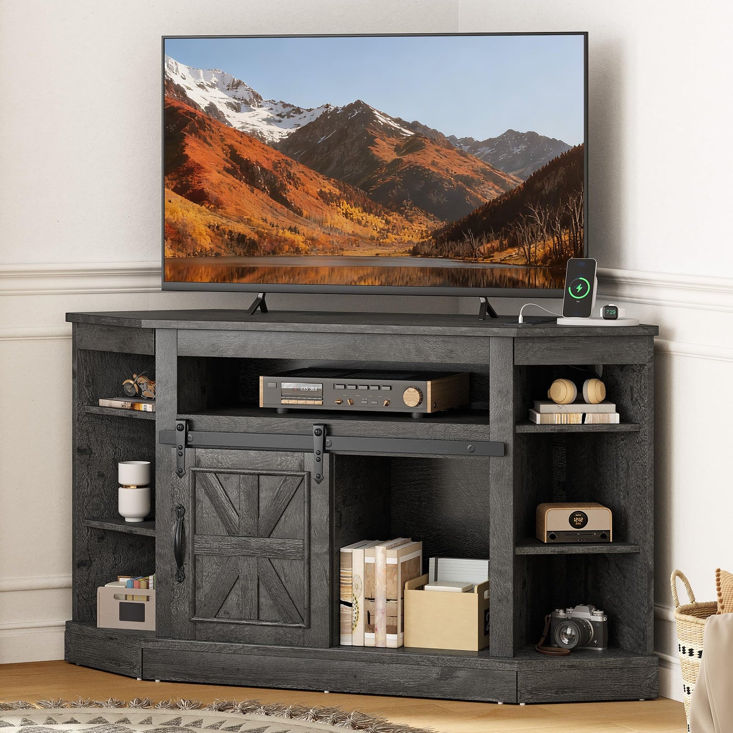 YITAHOME Corner TV Stand for 50 Inch TV, Farmhouse Entertainment Center with Storage & Power Outlet, TV Console Cabinet and Sliding Barn Door for Living Room, Carbon Gray