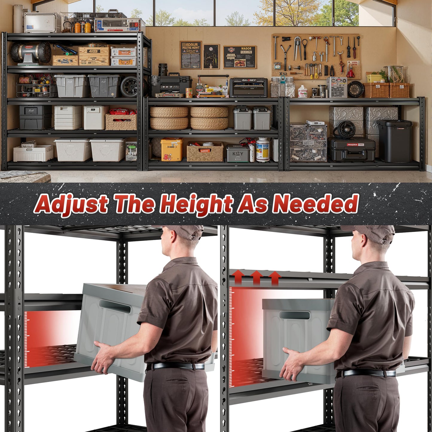 REIBII 3050LBS Garage Shelving Storage Shelves Heavy Duty 5-Tier Adjustable Metal Shelving Easy Assembly Storage Shelf for Garage Basement Warehouse Pantry, 48.2" W X 24.1" D X 72.2" H