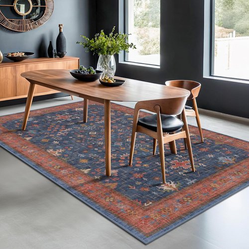 Hazo Haus Dark Blue & Terracotta Area Rug - Machine Washable 5x8 Non-Slip Low Pile for Living Room, Bedroom & Kitchen