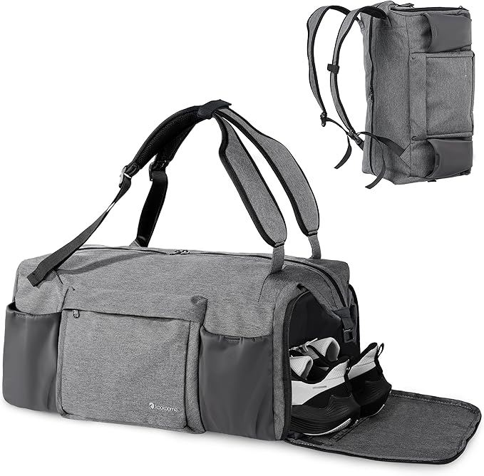 Small Gym Bag for Men with Shoes Compartment and Wet Pocket Convertible Duffle Bag and Gym Backpack Waterproof Sports Bag with 2 Bottle Holders Weekender Overnight Bag - Grey