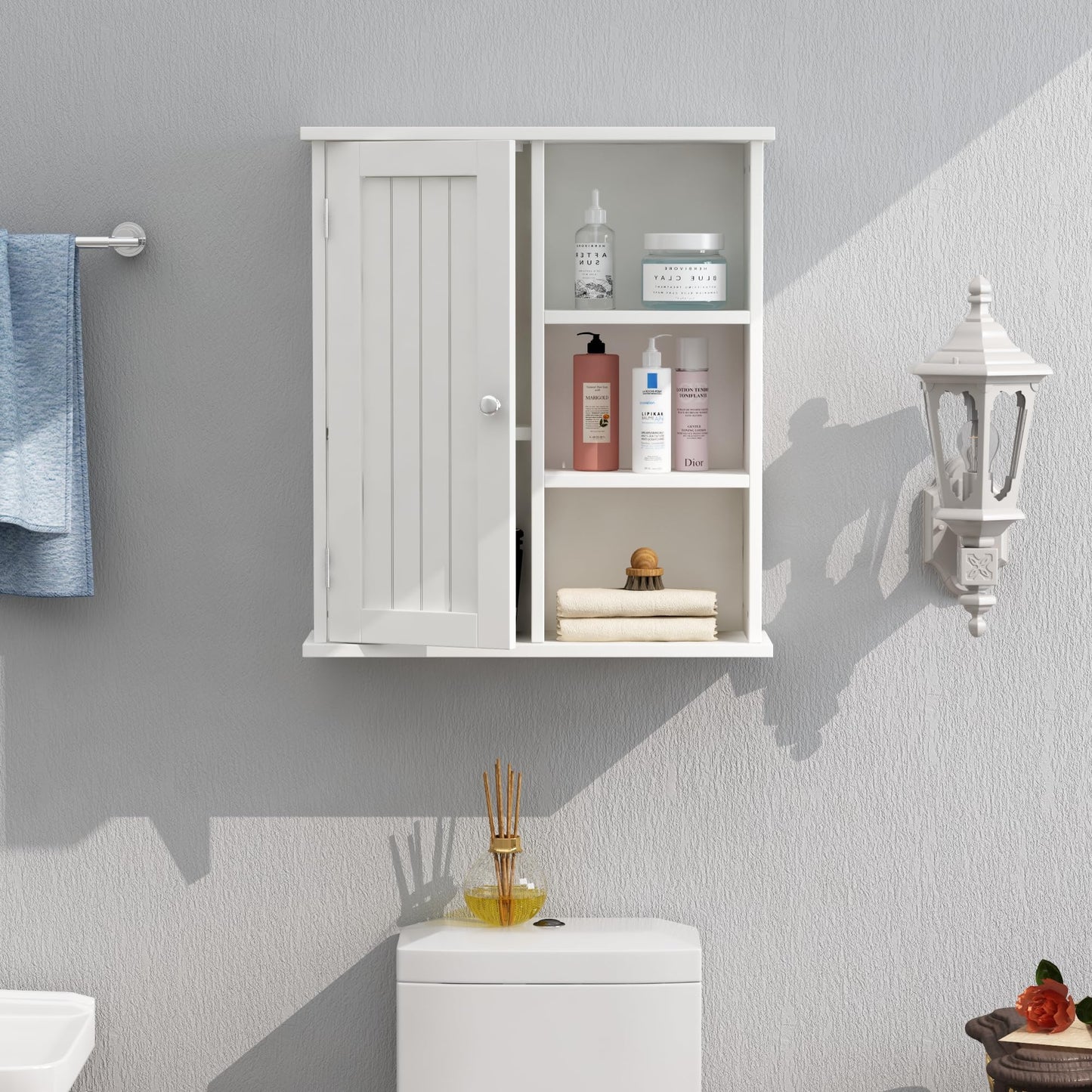 Treocho Bathroom Wall Cabinet, Medicine Cabinet with Door and 3 Open Shelves, Wall Mounted Storage Organizer for Bathroom, Kitchen, Living Room, White