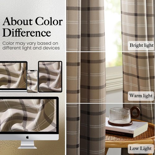 NICETOWN Buffalo Check Curtains - 84-Inch Length Gingham Plaid Drapes for Kitchen & Living Room | Taupe, 2 Panels