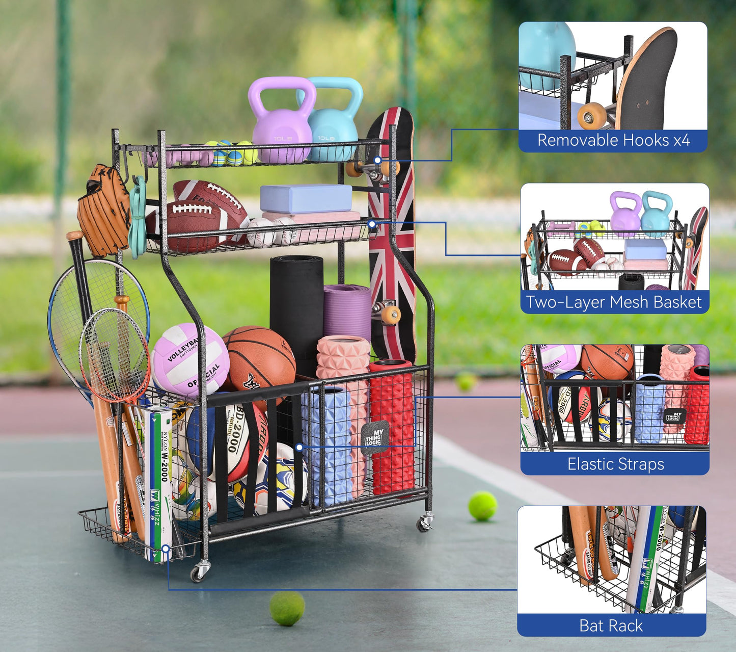 Mythinglogic Garage Sports Equipment Organizer, Baseball Storage Large Capacity, Sports Organizer for Garage with Hooks and Baskets, Ball Storage Rack for Football, Soccer Ball, Bat, Toys