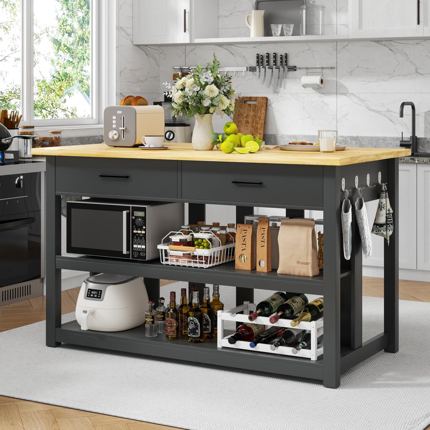 DynJest 47.3" Solid Rubberwood Kitchen Island with Power Outlets - Extra Large Work Surface, 2 Drawers & Open Shelves Storage Cabinet for Kitchen Dining Room, Farmhouse Style (Black)