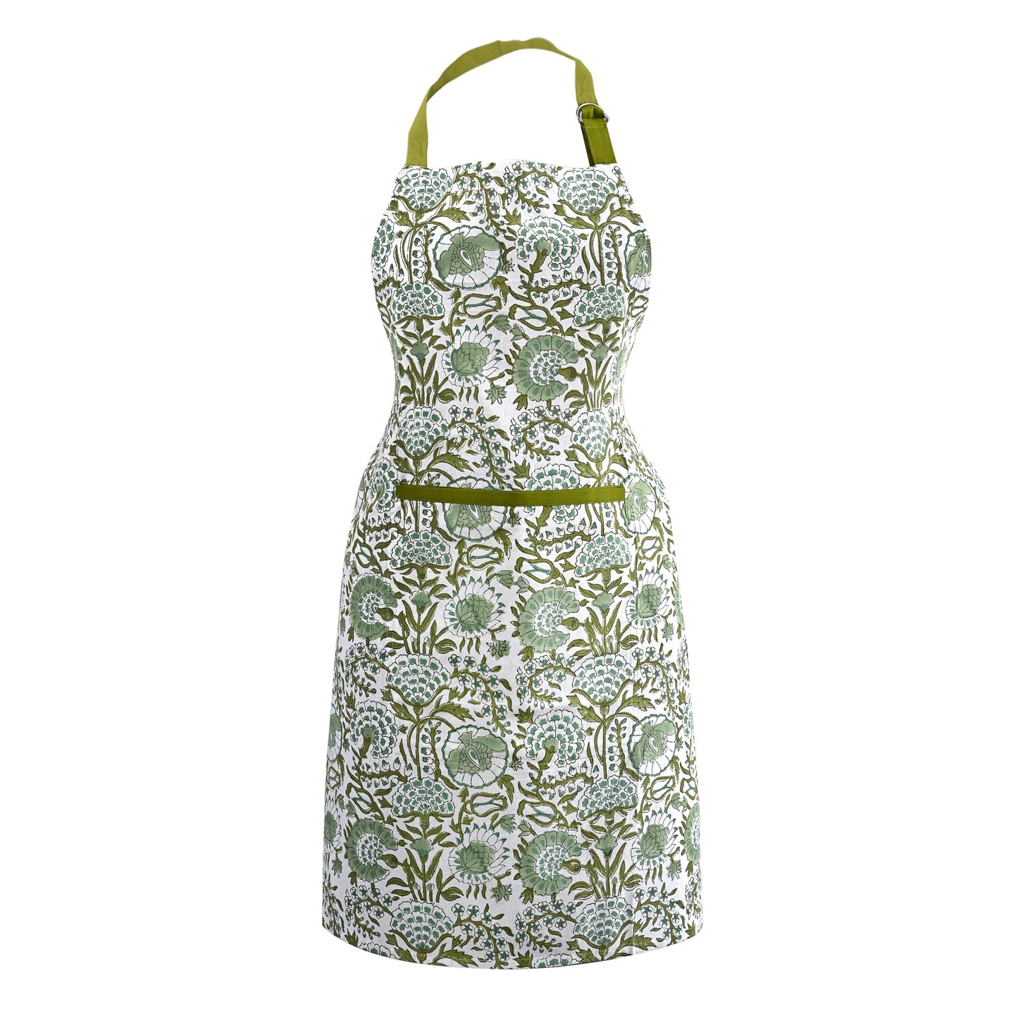 CPC Agate Green 100% Cotton Block Print Kitchen Apron with an Adjustable Neck with Long Ties for Women Men Chef-Handmade Cooking Apron Gift For Spring, Mother's Day
