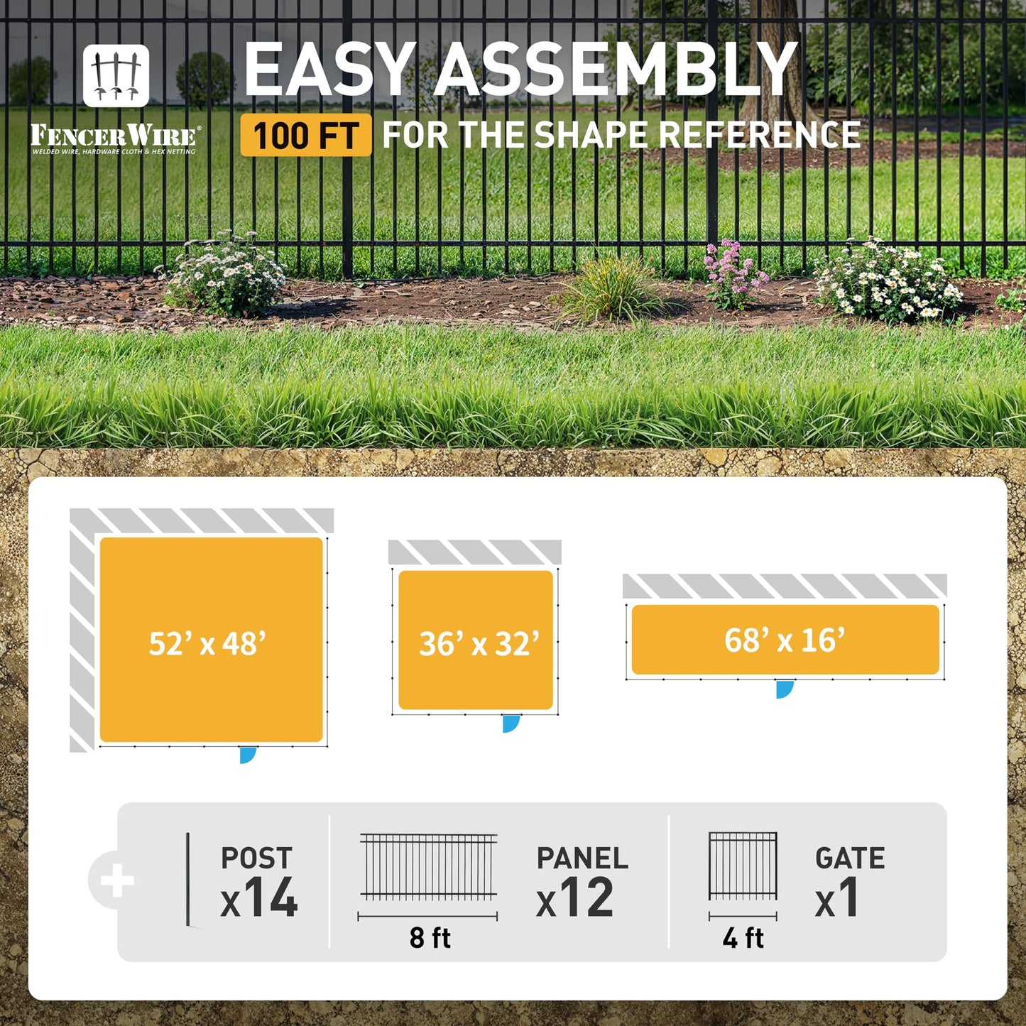 Fencer Wire 100FT Heavy Duty Flat Top Fence Barrier Kit, Anti-Rust Metal Steel Fence with 5FT Height X 8FT Width Panels, Gate, Posts, Connectors, Outdoor Fencing for Yard, Pool, Patio