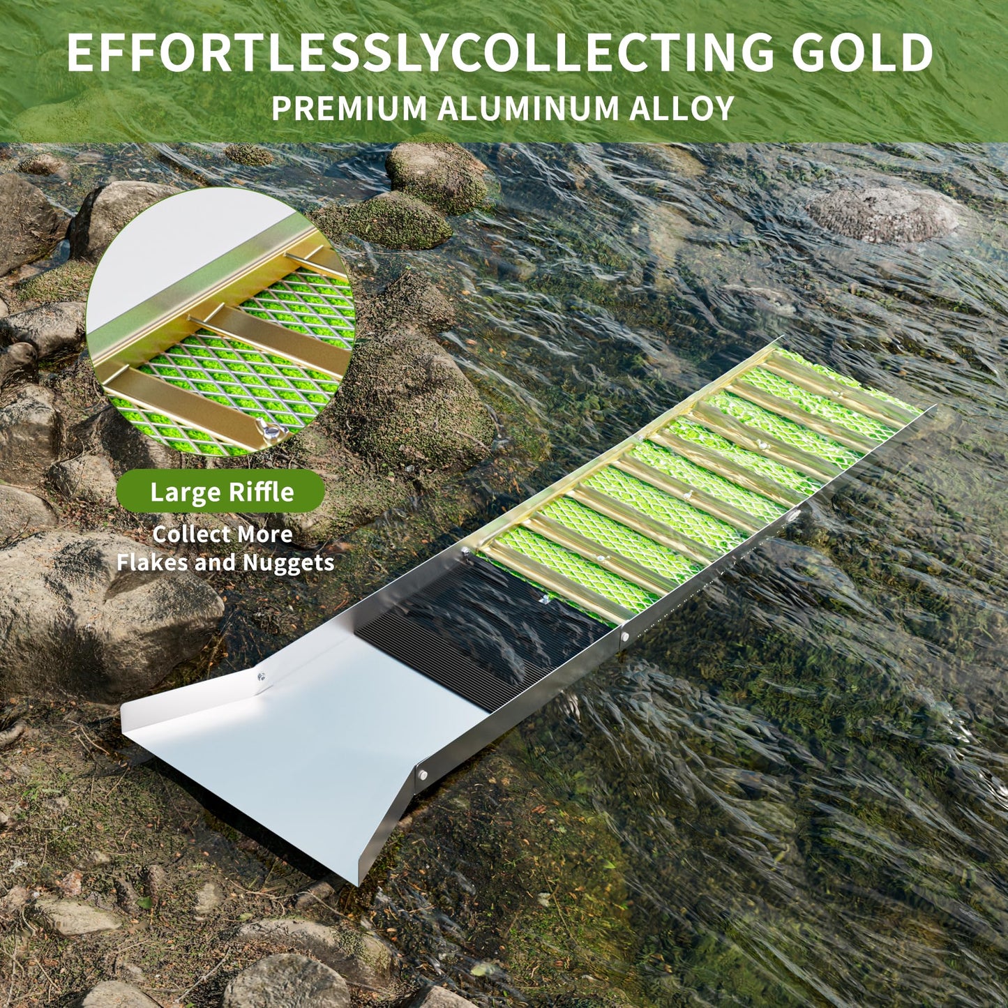 50 Inch Folding Aluminum Sluice Box Gold Panning Kit with Miner's Moss, Portable Lightweight Gold Prospecting Tool for River & Creek Dredging