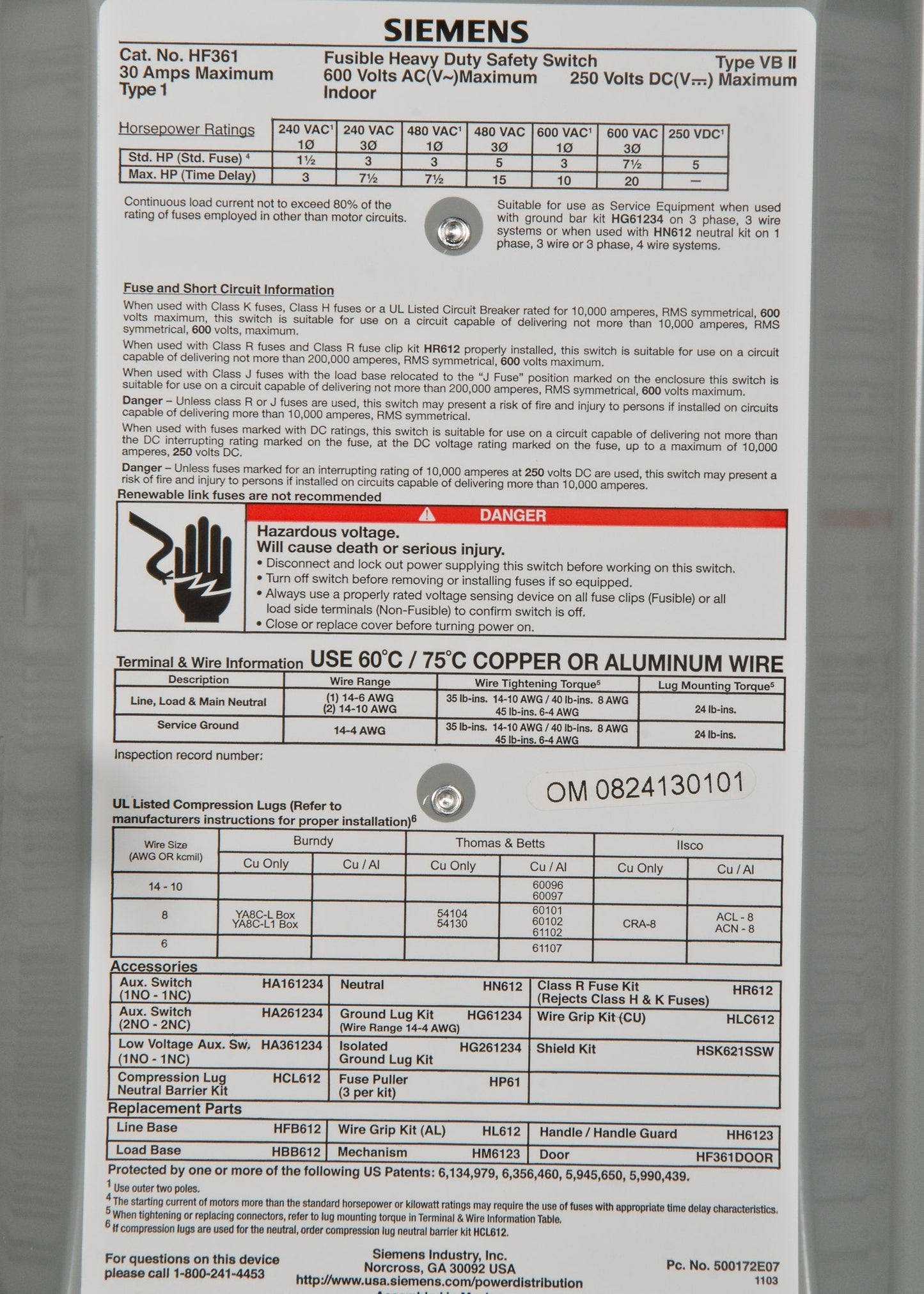 Siemens HF361 30-Amp 3 Pole 600-volt 3 Wire Fused Heavy Duty Safety Switches