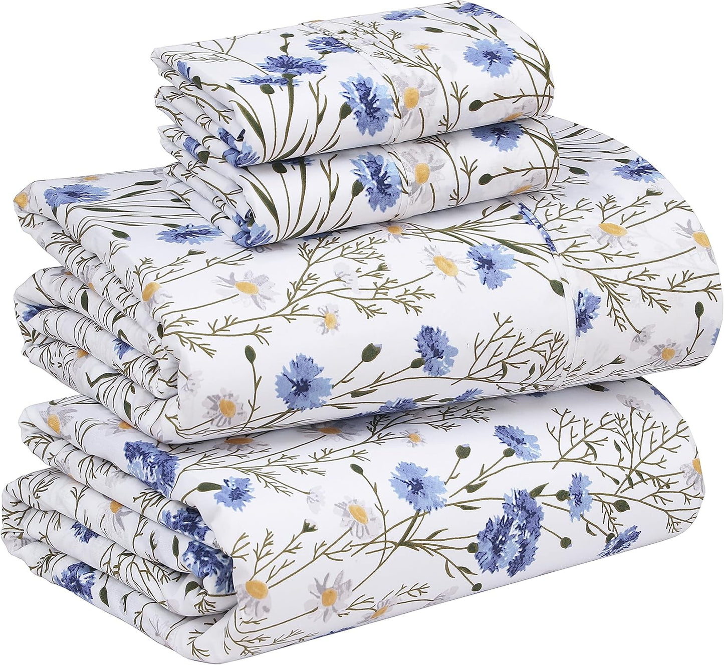 RUVANTI King Size Cotton Sheets - 100% Percale Bedding, Cooling Floral Design, 16" Deep Pocket, 4-Piece Set
