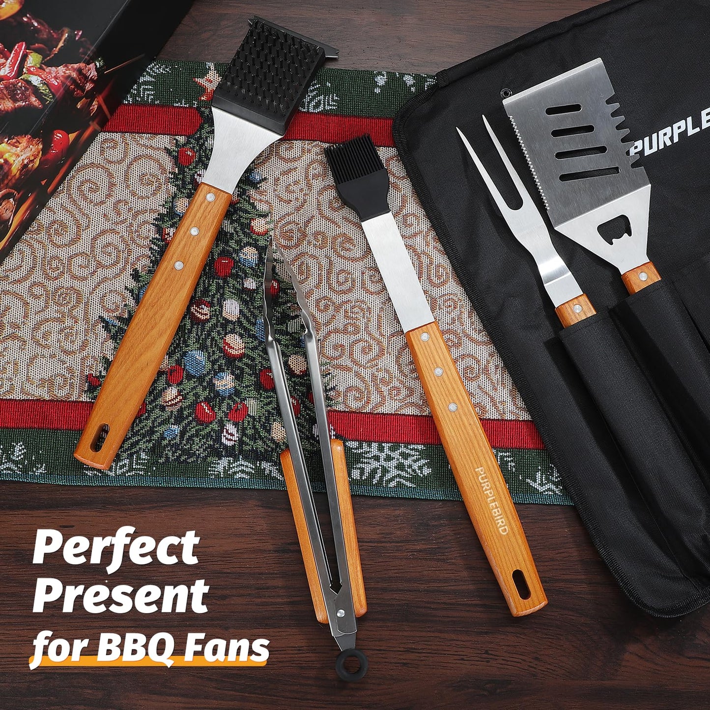 PURPLEBIRD Grill Utensils Set with Brush - 5pcs Grilling Tools Set with Bag Apron, Heavy Duty BBQ Tool Sets with Long Wood Handle, Stainless Grilling Accessories for Outdoor Grill