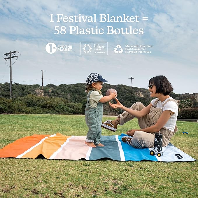Nomadix Festival Blanket - Perfect for Picnics, Camping, & Lawn Seating - Plush Top & Water Resistant Base - Made with Post Consumer Recycled Materials - Stripes Retro - 60:x 72"