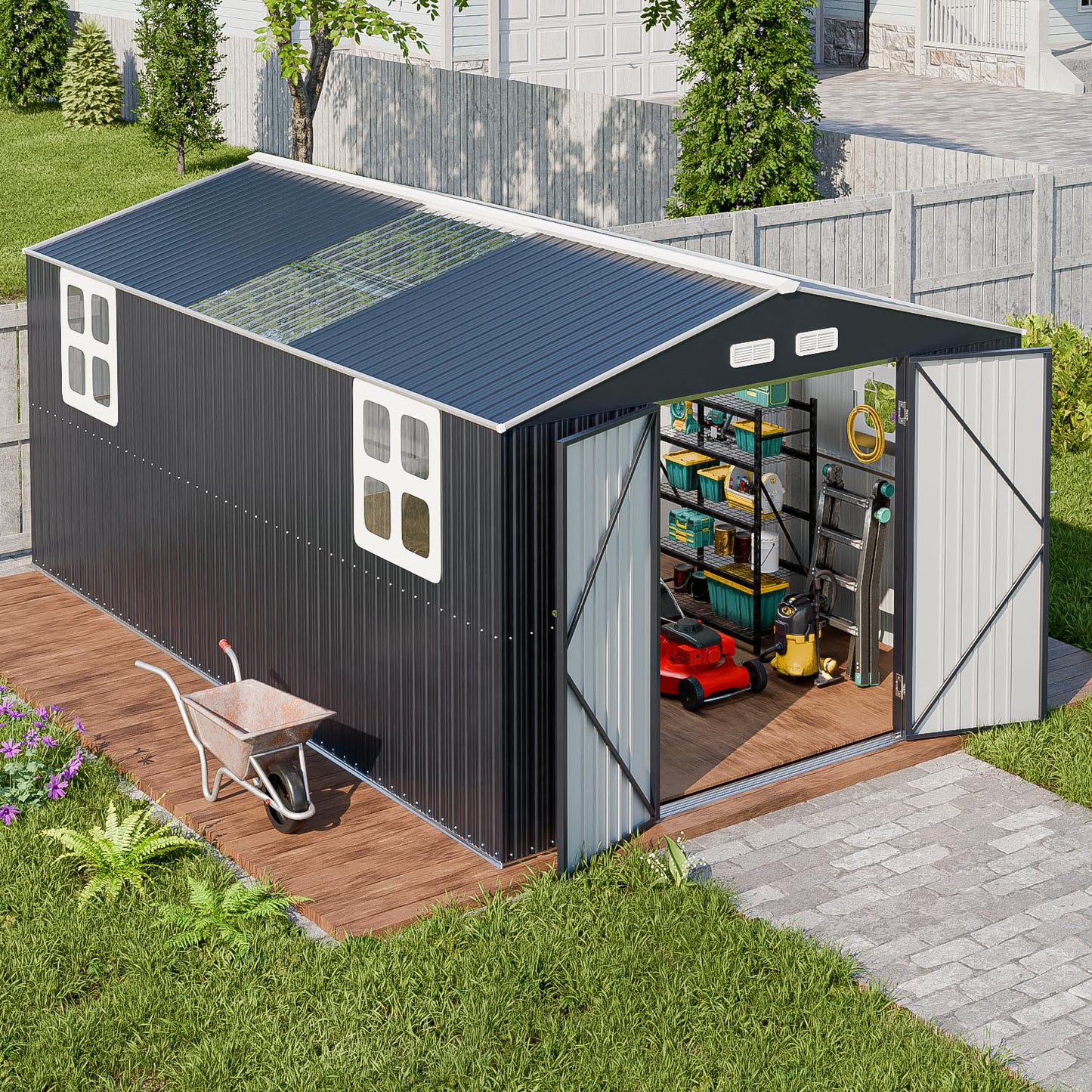 10x16 FT Metal Shed Heavy-Duty | Military-Grade 20-Gauge Reinforced Frame with Powder Coating | 50 PSF Snow Load & 120 MPH Wind Rated | Garden Tool/Bike Skylight Large Building