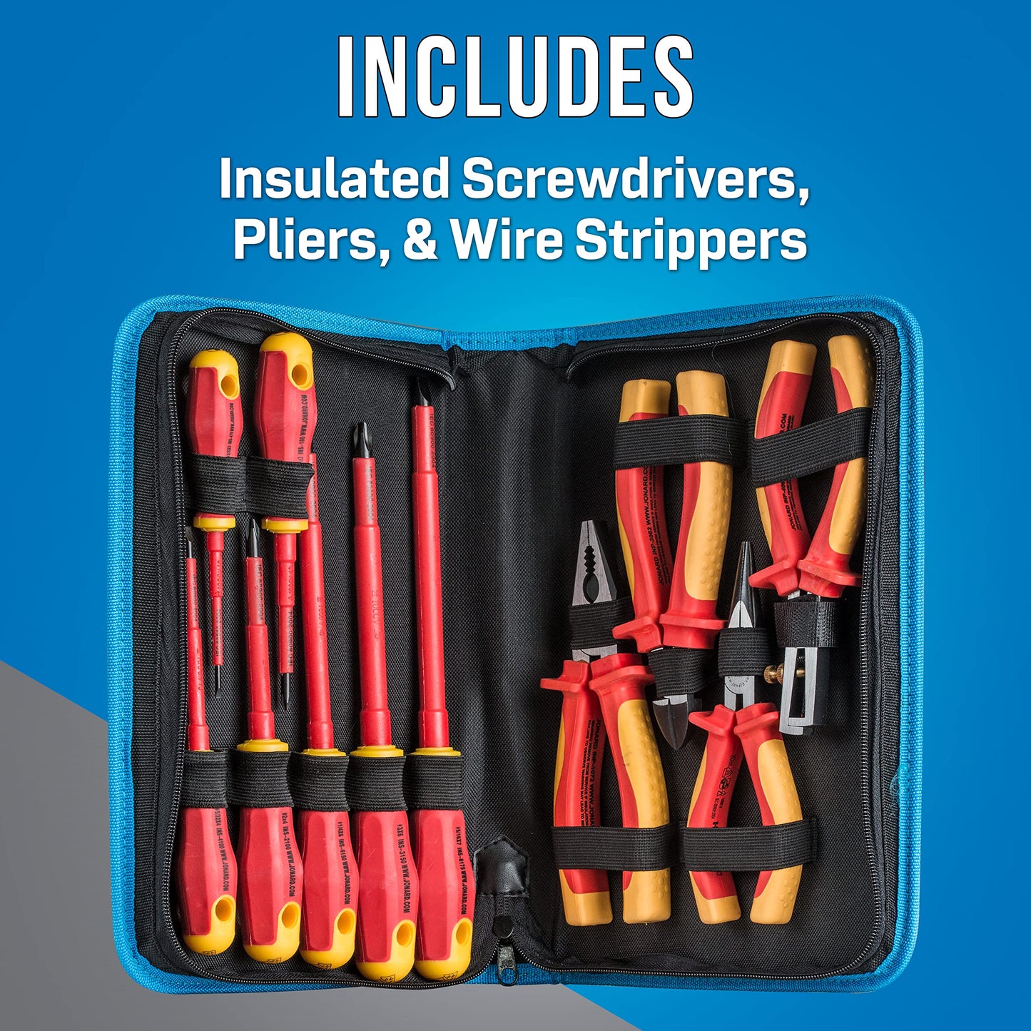 Jonard Tools TK-110INS 11 Piece Insulated Tool Kit with Insulated Phillips and Slotted Screwdrivers, Insulated Pliers, and Wire Stripper, Red