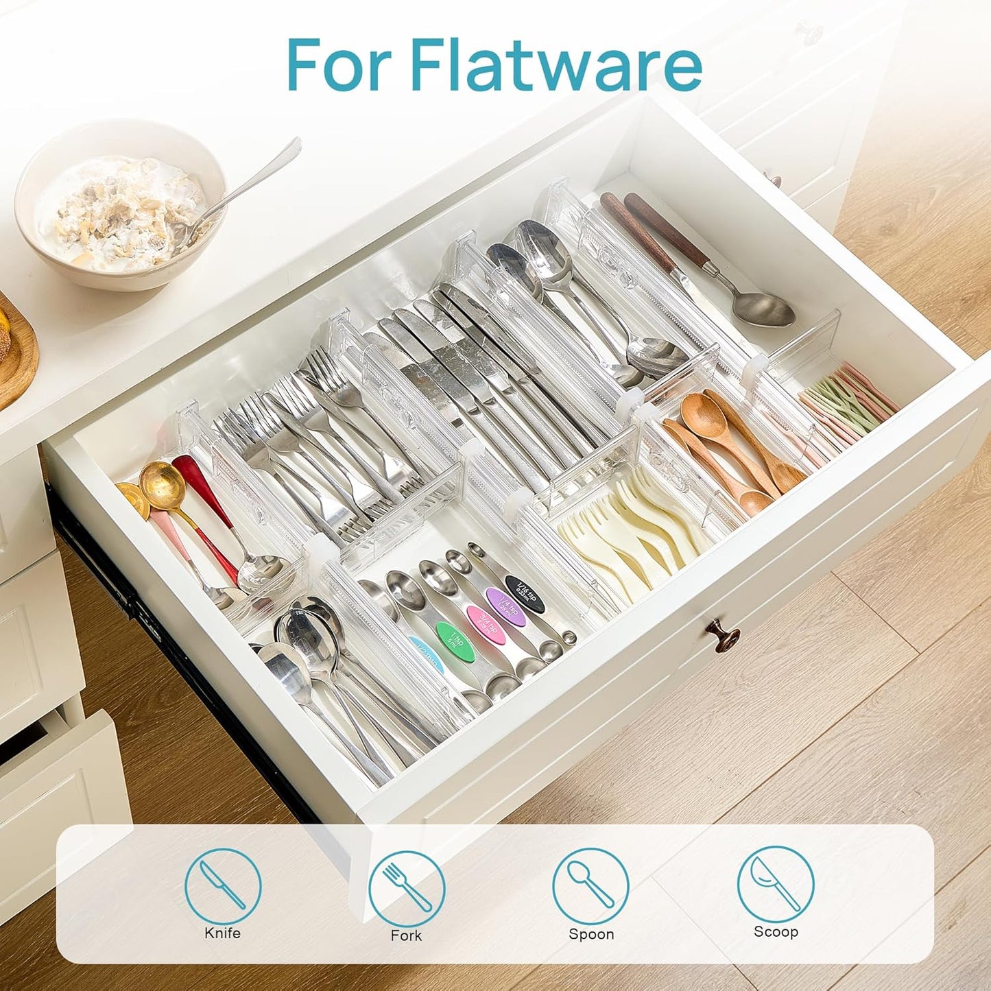 Vtopmart Drawer Dividers - Expandable Kitchen Organizer with 8 Dividers & 14 Inserts | Adjustable 12.8"-22.3" Clear Plastic Separator for Flatware & Utensils