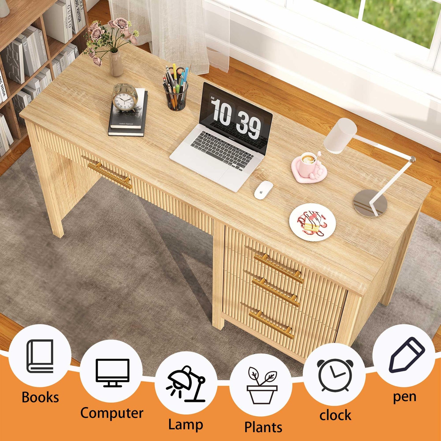 Mhsatyrs Modern Executive Desk with Drawers: 55" Oak Home Office Desks with File Drawers, Fluted Desk with Storage, Wood Computer Desks for Work, Study and Living Room (Oak, 54")