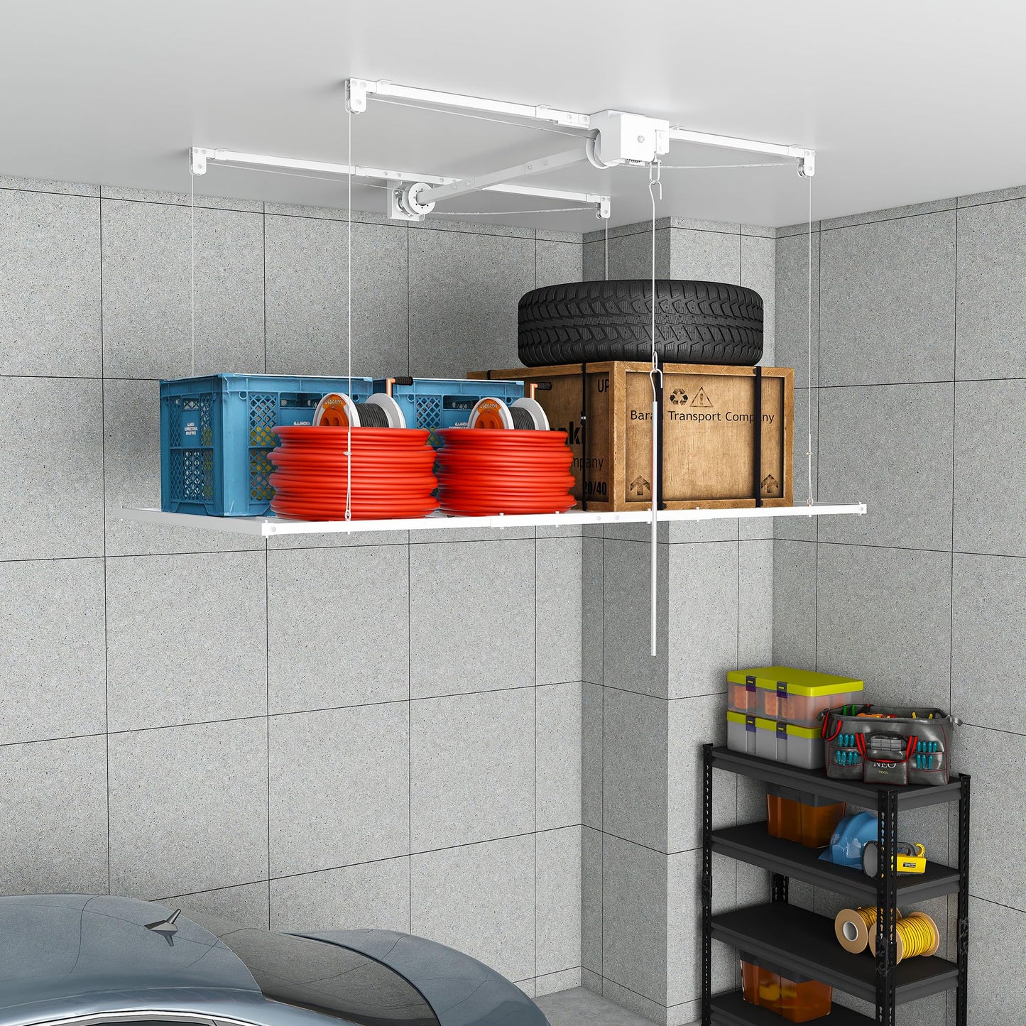 Leavader Manual Garage Storage Lift 3x6 FT for 10-12 ft Ceilings, Crank Down Overhead Storage Rack with Safety Lock, Heavy Duty Steel Garage Ceiling Storage System, 270LBS Capacity