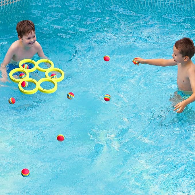 Hiboom Pool Game with Score, Combo Foam Pool Floats with 10 Colorful Tossing Balls, Toss Game Swimming Party Toys Accessories for Family Par, Dive Rings(Round,Yellow)