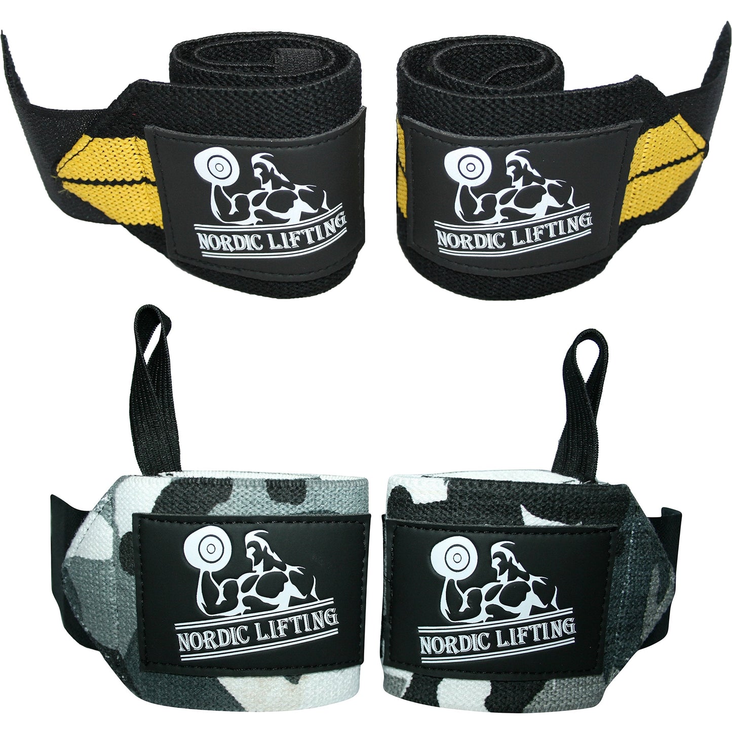 Nordic Lifting Wrist Wraps (2 Pairs) – Adjustable Wrist Wraps with Thumb Loop for Weightlifting, CrossFit & Powerlifting – Gym Essentials Support for Men & Women, Camo Grey/Yellow