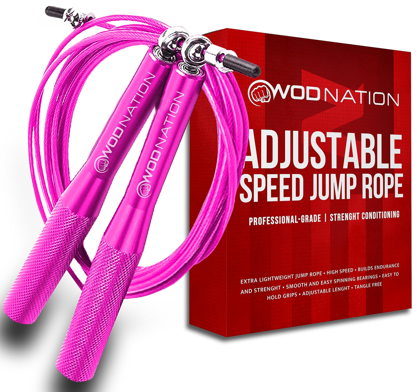 WOD Nation Adjustable Jump Rope - Aluminum Speed Rope & 360° Smooth Rotation - Durable Alloy Steel Handles for Fitness - 10 ft Adjustable Length for Boxing Workouts - Pink, Alloy Steel