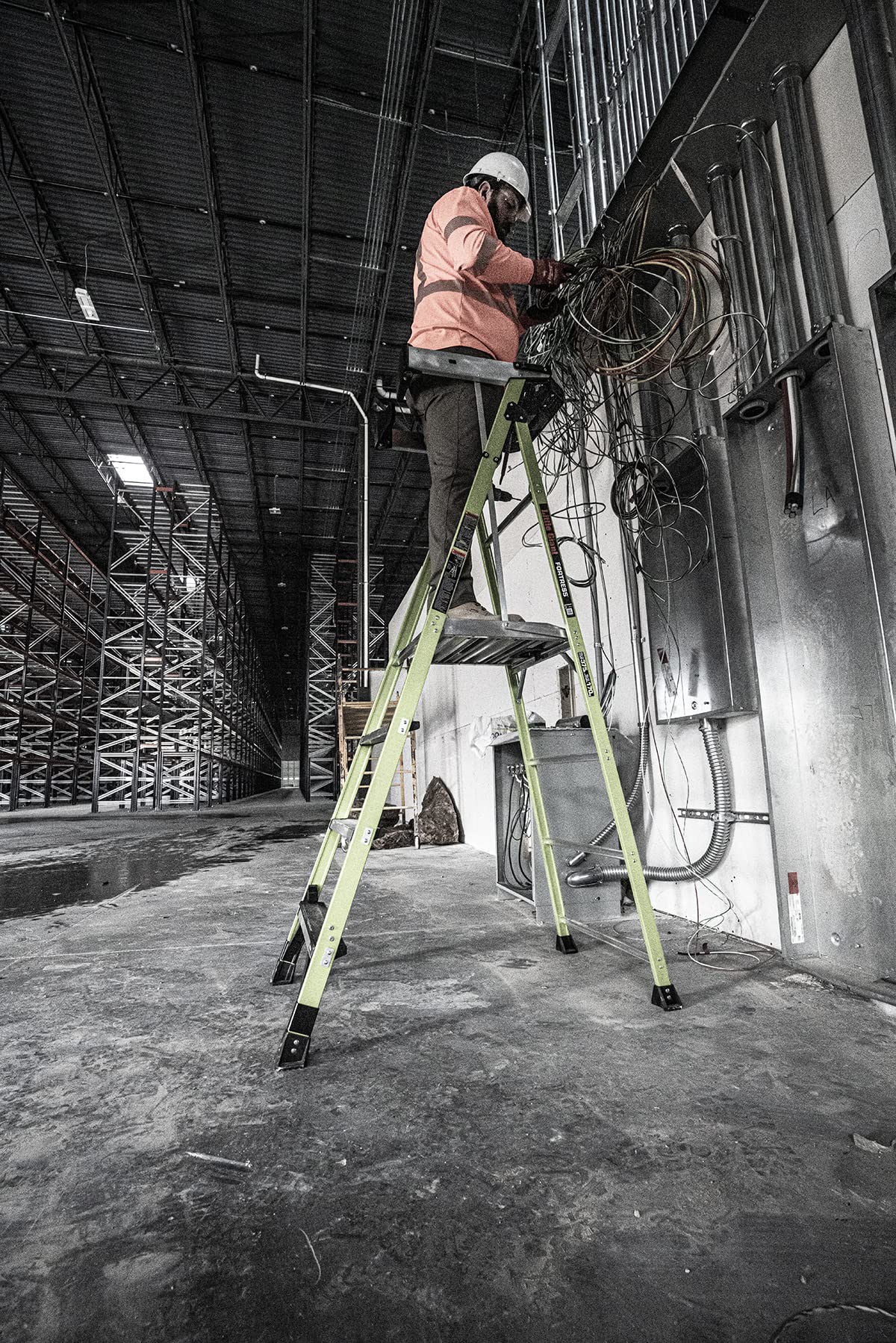 Fortress, 4' Model - ANSI Type IAA - 375 lb Rated, Fiberglass Platform Ladder with Ground CUE, Wraparound Enclosure, and Auto-Closing Gate