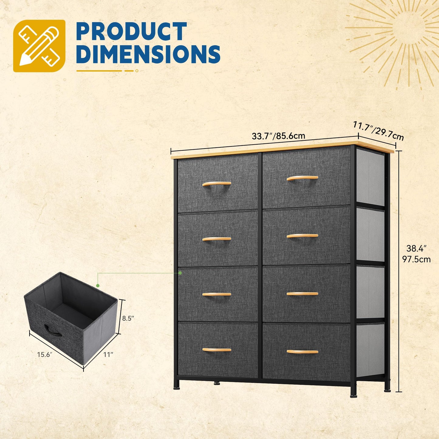 DWVO 9 Drawers Dresser for Bedroom, Fabric Storage Tower for Living Room, Entryway - Sturdy Steel Frame, Wooden Top & Easy Pull Fabric Bins