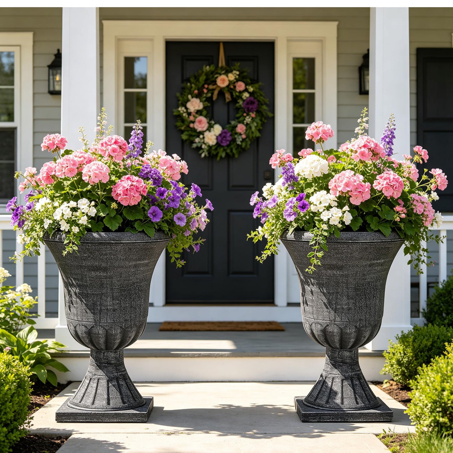 Autodaya 22" Timeless Urn Planters for Outdoor Plants, Set of 2 Plastic Large Flower Pot with Handmade Washed Black Finish, Weather-Resistant for Porch, Garden, Patio or Indoor Use