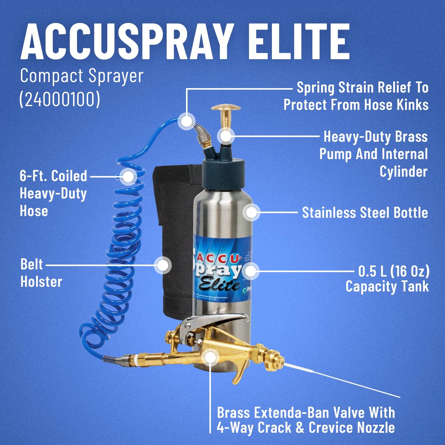 B&G - AccuSpray Elite Compact Sprayer (24000100) - 16 oz Stainless Steel Tank – Extenda-Ban Valve - 4-Way Crack & Crevice Tip – Includes Belt Holster – Adjustable Brass Nozzel – Multipurpose Spray