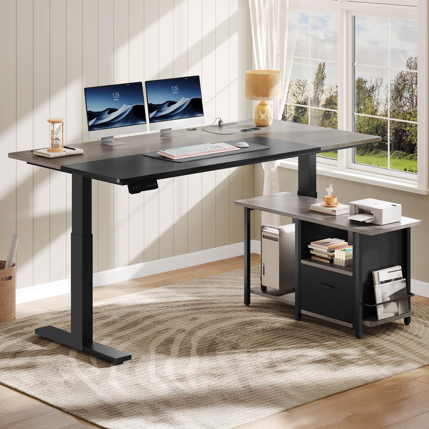 YITAHOME L Shaped Standing Desk with Power Outlets, 70.1" Electric Standing Desk Adjustable Height Sit Stand Corner Standing Desks Executive Desk with Drawers & Shelves, Grey + Black