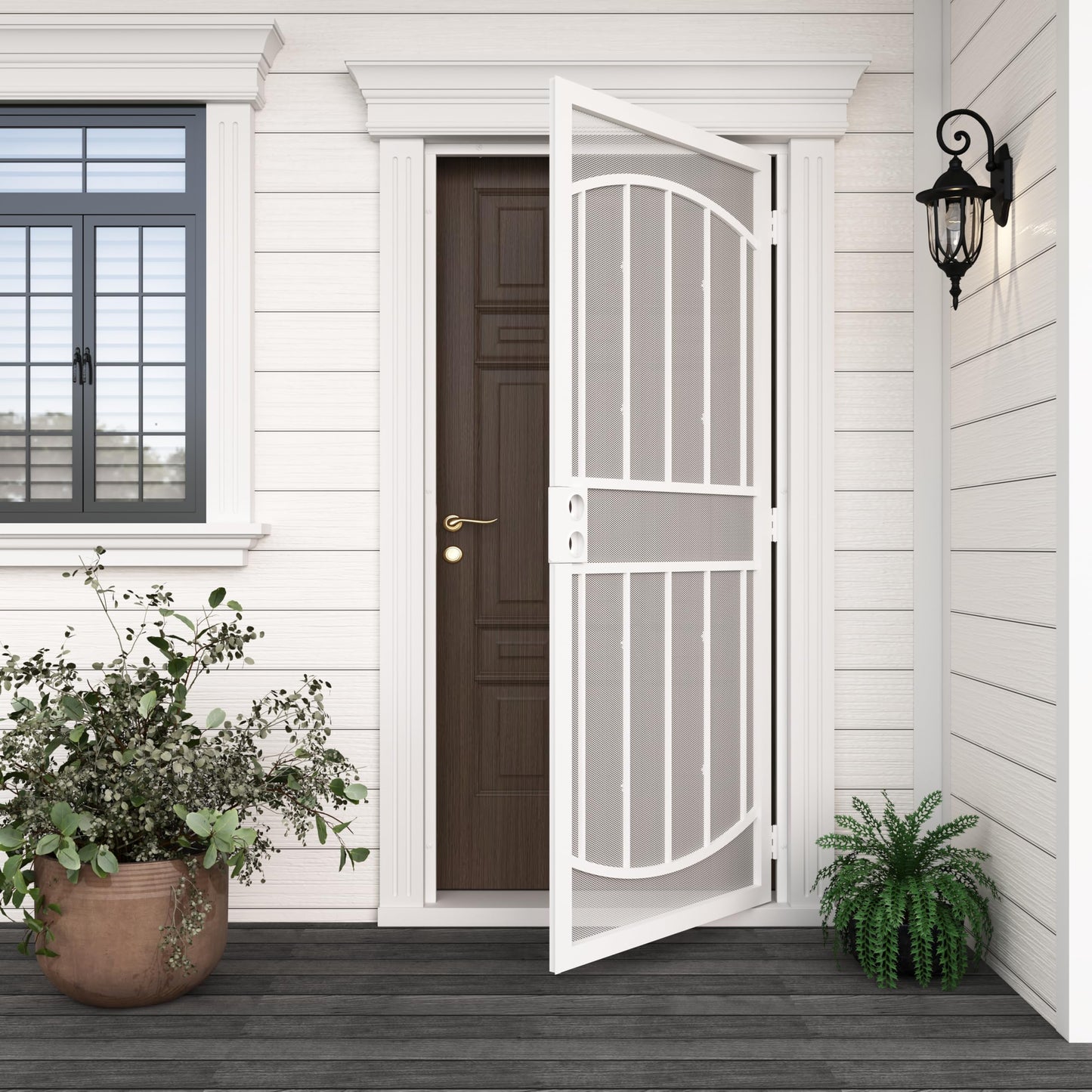 JUBEST 36" x 80" Steel Security Door, Universal/Reversible Outswing Security Screen Door, White Powder-Coated Surface Mount Frame with Expanded Metal Screen, Rust-Resistant, No Handles Included