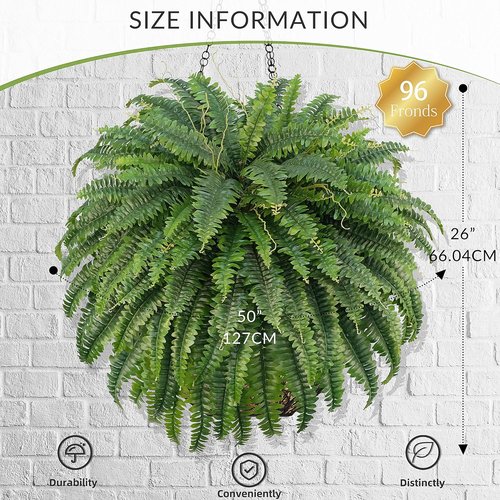 Forest Prince 50" Artificial Boston Ferns - Large Faux Bush Plants with 96 Fronds for Outdoor Decor