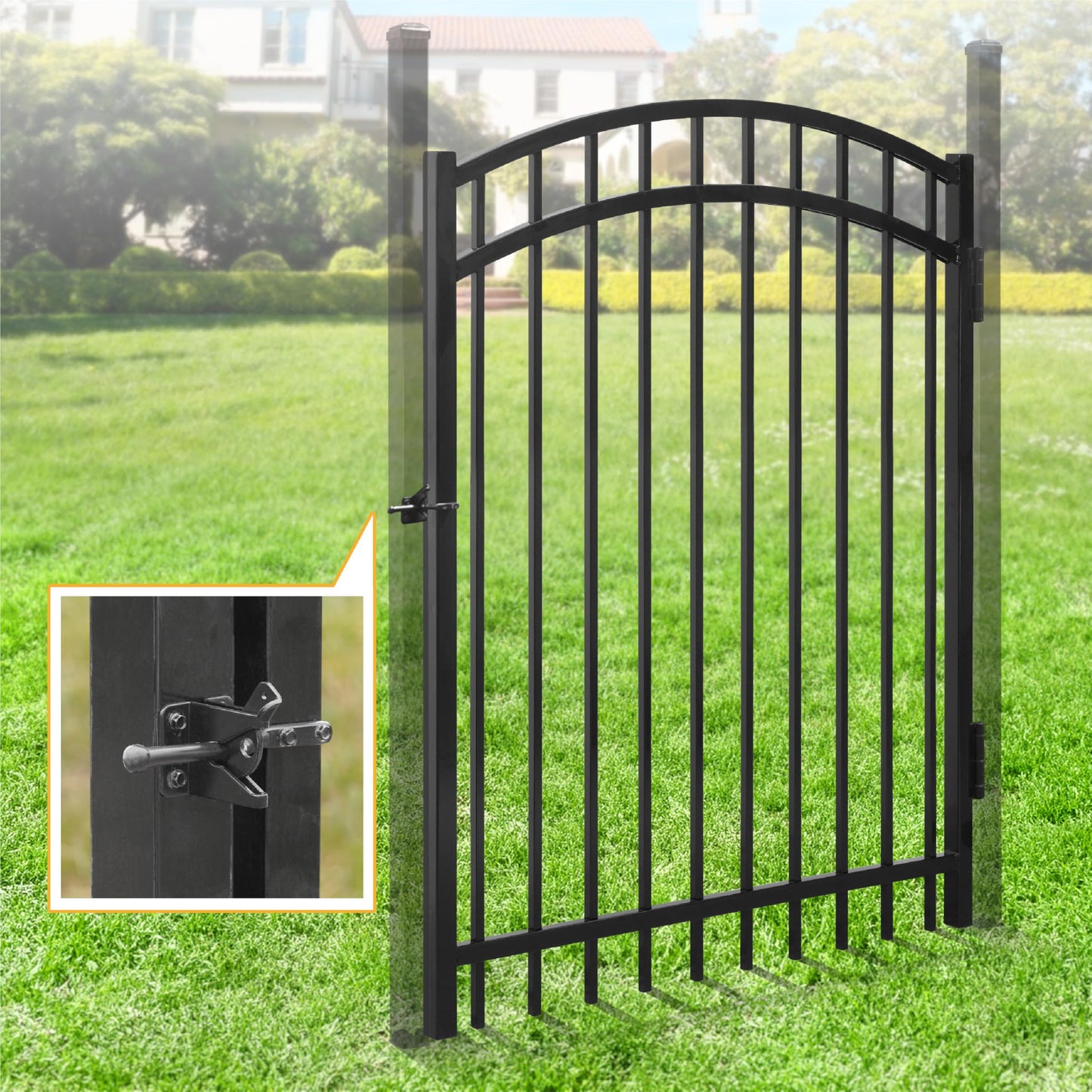Fencer Wire Heavy Duty Arched Decorative Fence Gate, 5FT Height x 4FT Width Outdoor Fence Gate, Outdoor Anti-Rust Metal Steel Gate for Fencing Barrier, Garden Gate with Gate Lock