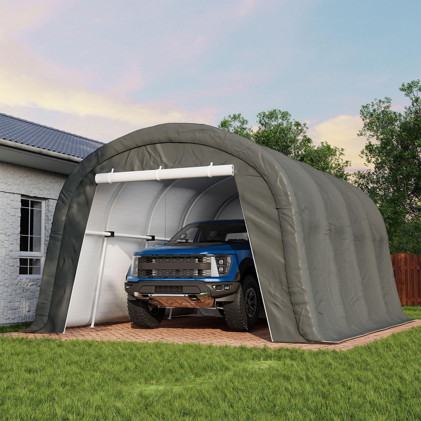 COSIEST 13'×20' Storage Shelter Outdoor Round Carport, Heavy-Duty Garage Canopy with Dual Roll-Up Doors Weatherproof PE Cover, Multi-Purpose Vehicle/Tractor Shed for Backyard/Driveway/Farm(Gray)