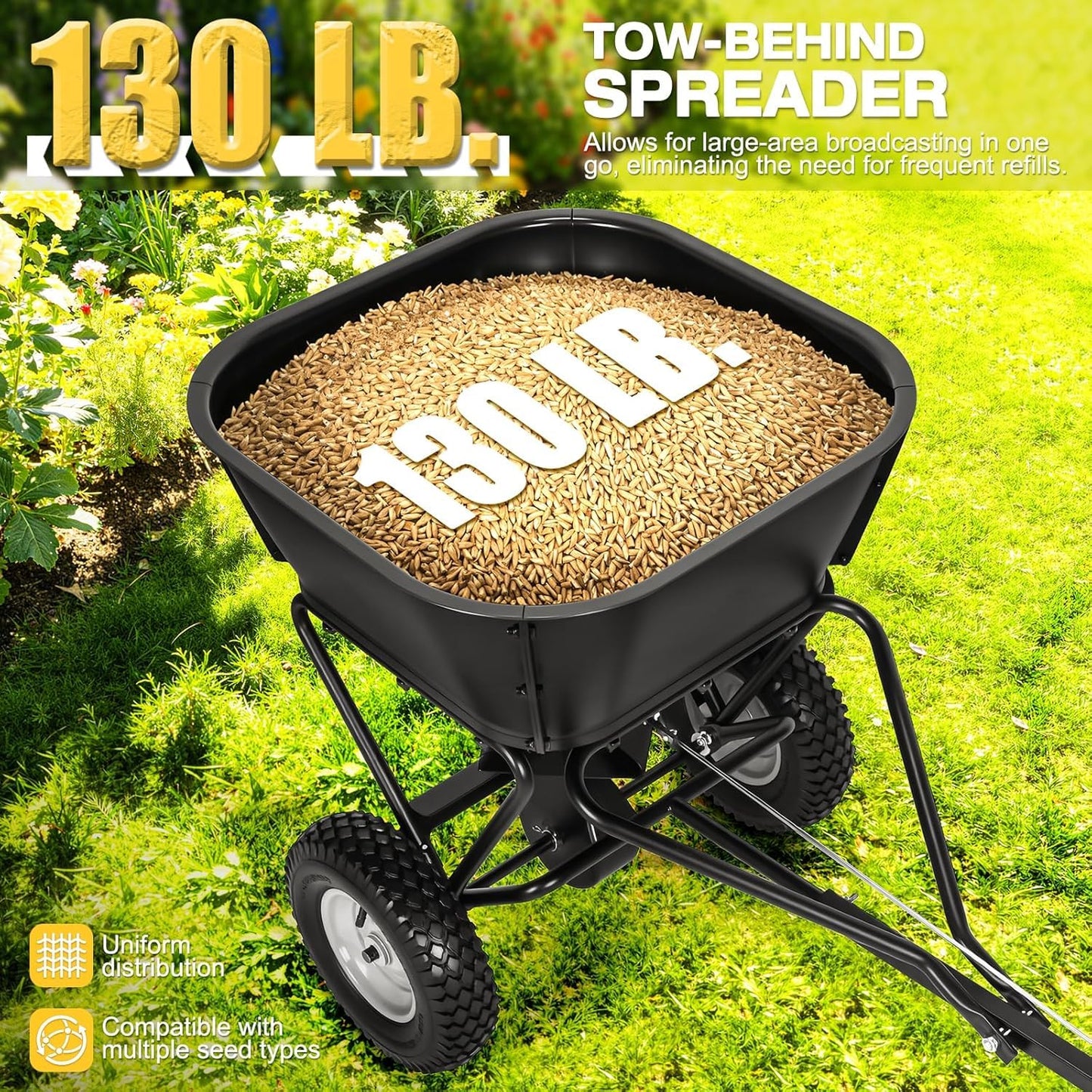 AugFir Tow Behind Broadcast Spreader, 130 LBS Capacity Lawn Fertilizer Spreader for Riding Mower, ATV, UTV & Tractor, 12 FT Spread Width Pull Behind Spreader Seeder for Grass Seed, Salt, Ice Melt