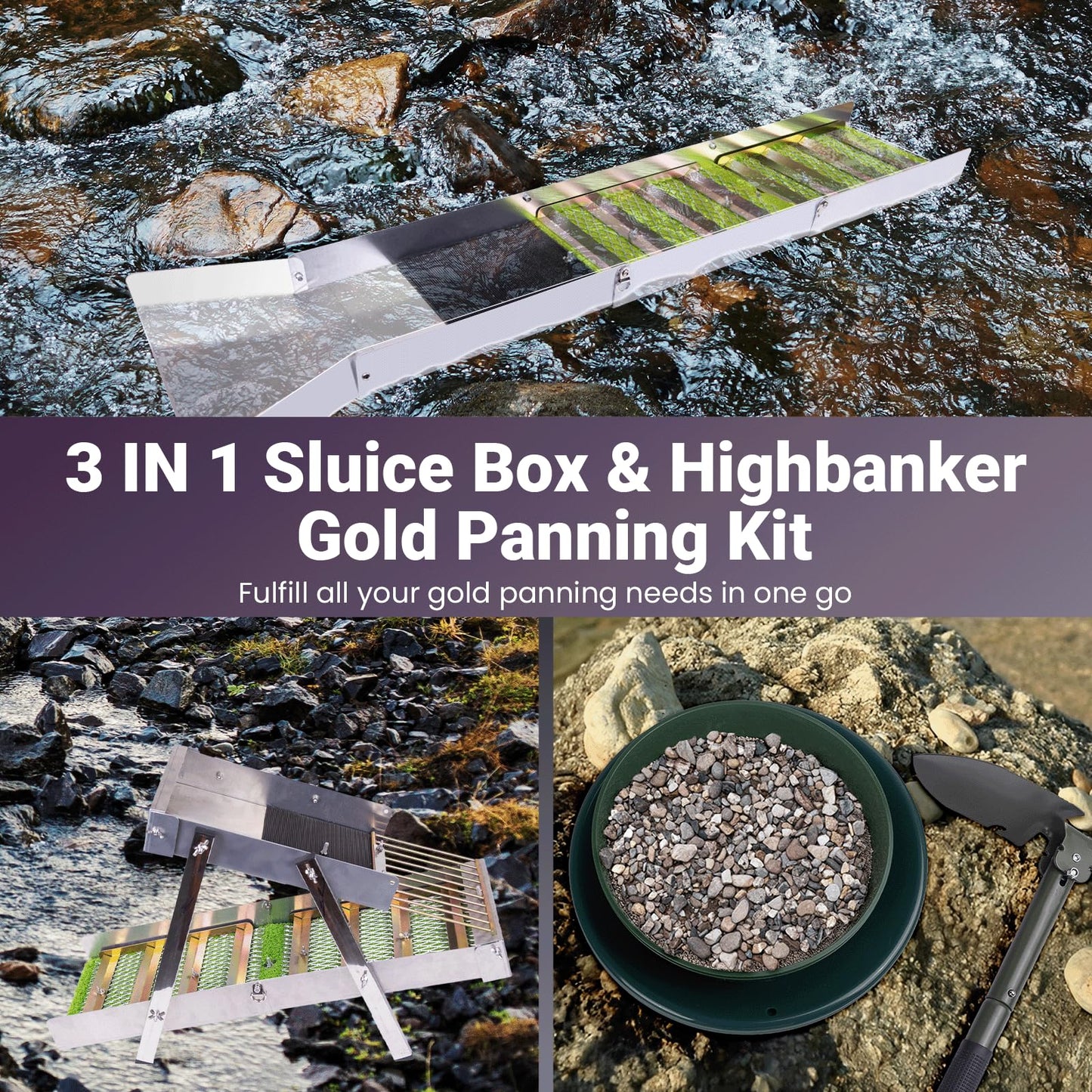 3 in 1 Highbanker Gold Panning Kit, Deformable 50" Folding Gold Sluice Box, Portable Mining Equipment for Adults, 34pcs Includes Gold Pan, Classifier Screen, Magnet, Backpack & Accessories