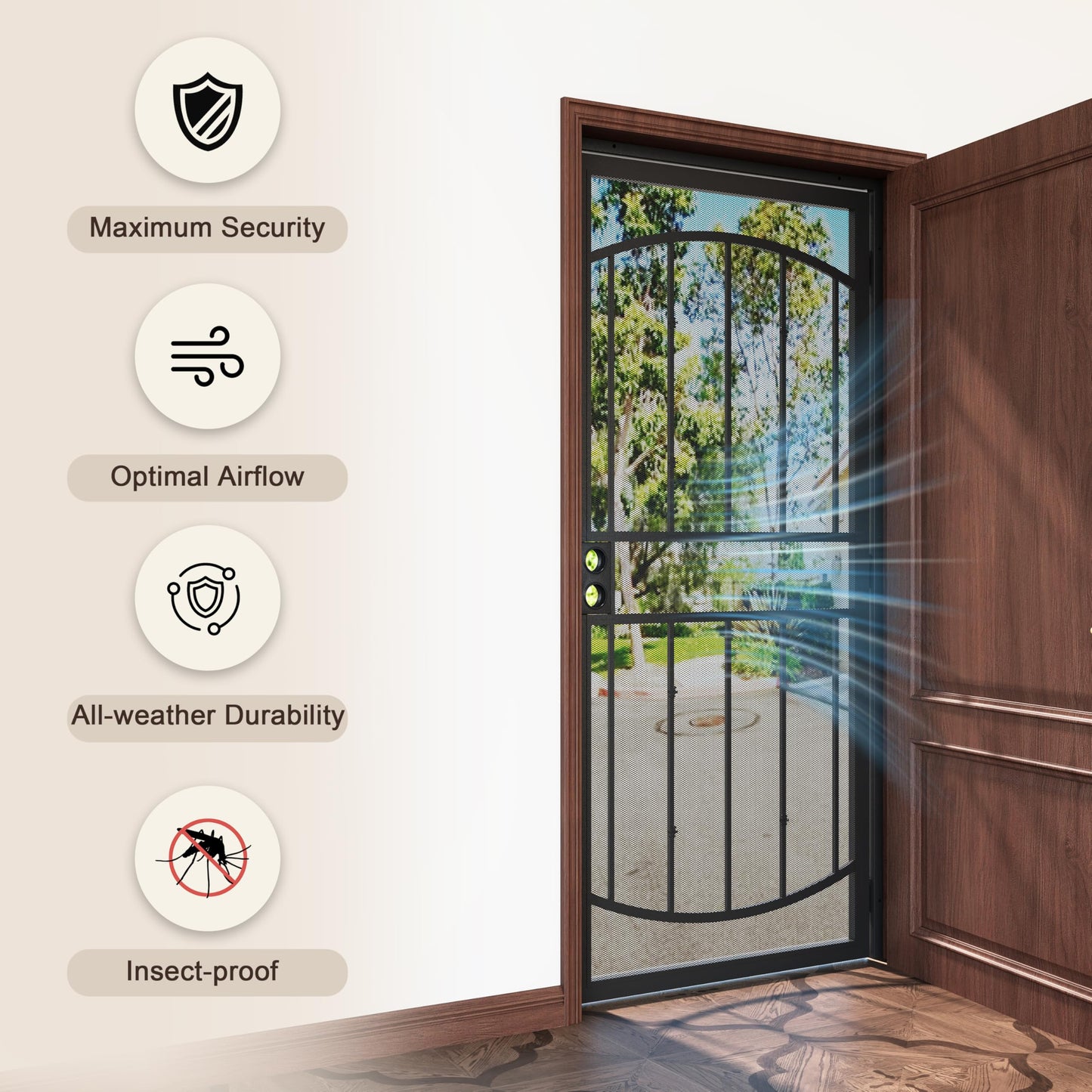 JUBEST 36" x 80" Steel Security Door, Universal/Reversible Outswing Security Screen Door, Black Powder-Coated Surface Mount Frame with Expanded Metal Screen, Rust-Resistant, No Handles Included