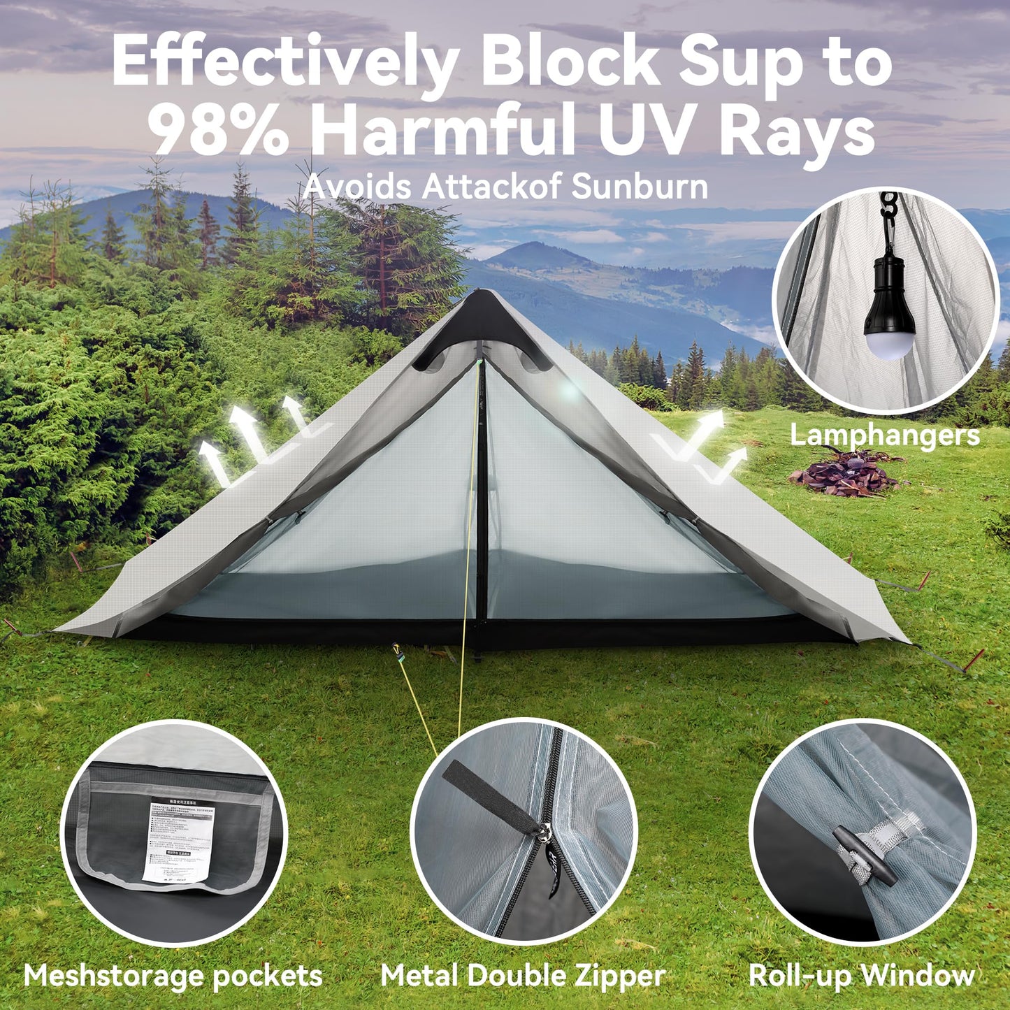 Ultralight Tent 3-Season Backpacking Tent 2 Person Camping Tent, Outdoor Lightweight LanShan Camping Tent Shelter for Camping, Trekking, Kayaking, Climbing, Hiking, 2 Person/Grey White