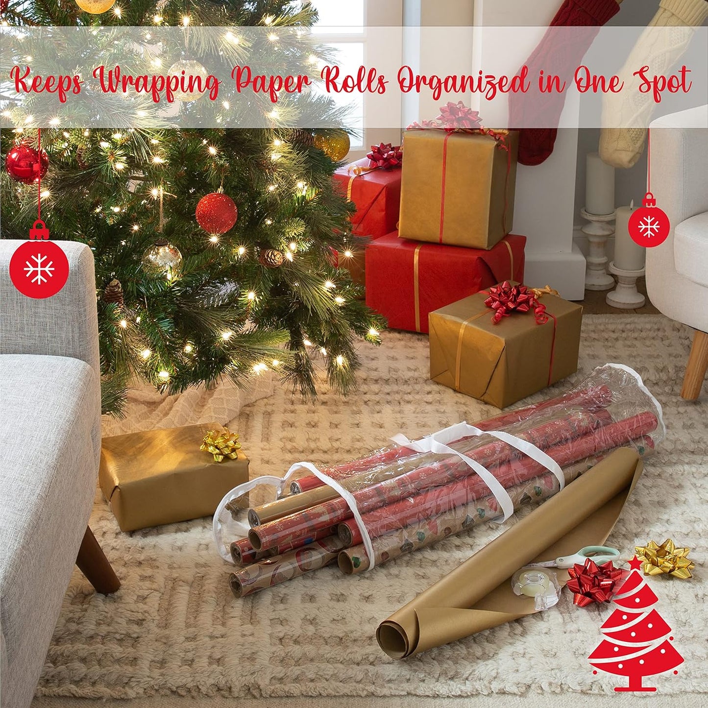 Simplify Clear Gift Wrap Storage Bag - Holds 30" Long Wrapping Paper Rolls | Zipper Closure | Red