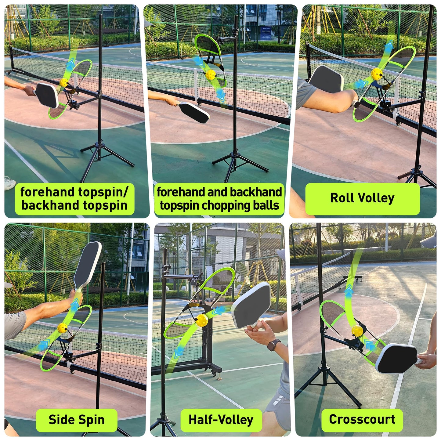 WAOPSO Pickleball Topspin Trainer,Tennis&Pickleball Practice Tool with 360° Angles and Height Adjustment, Portable Pickle Ball Training (Matte Black + Green)