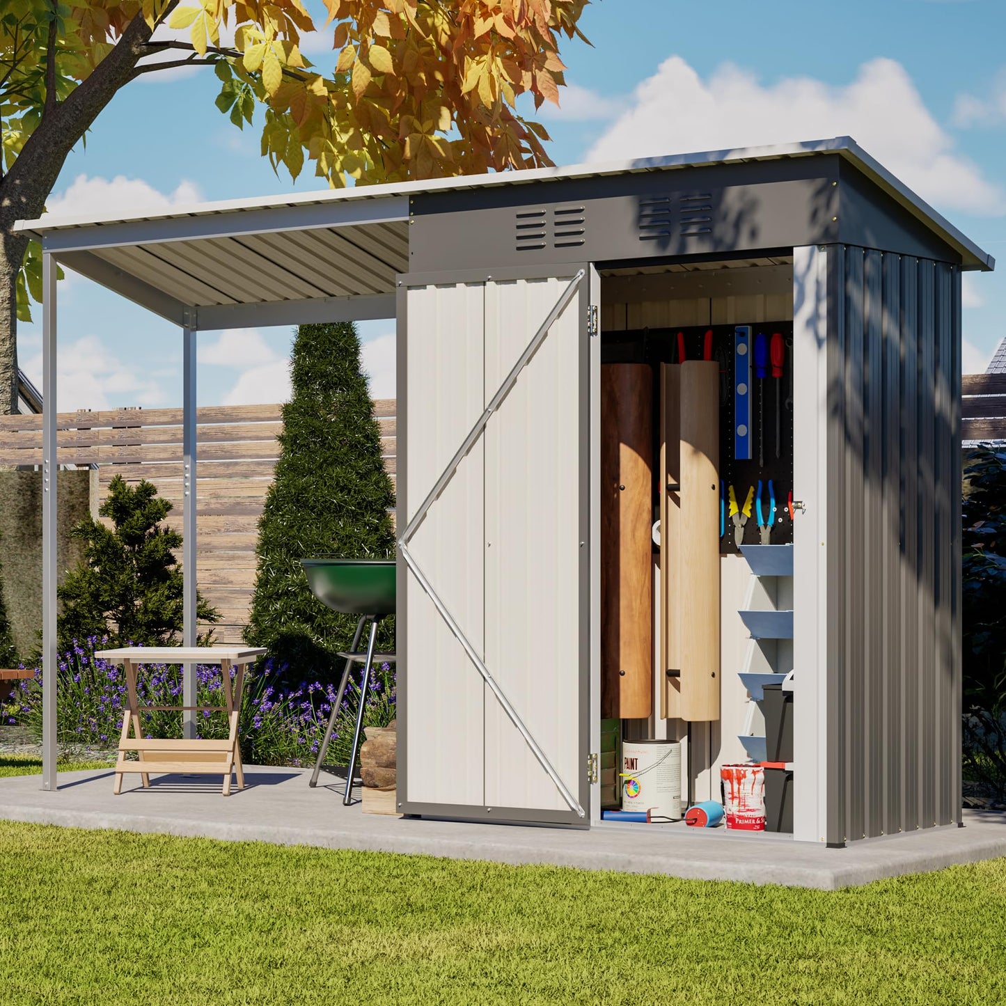 KEIKI Storage Shed 5x3 FT, Small Metal Tool Shed with Gazebo for Outdoor Storage, Galvanized Steel Garden Shed with Lockable Doors for Patio, Backyard, Lawn, Grey