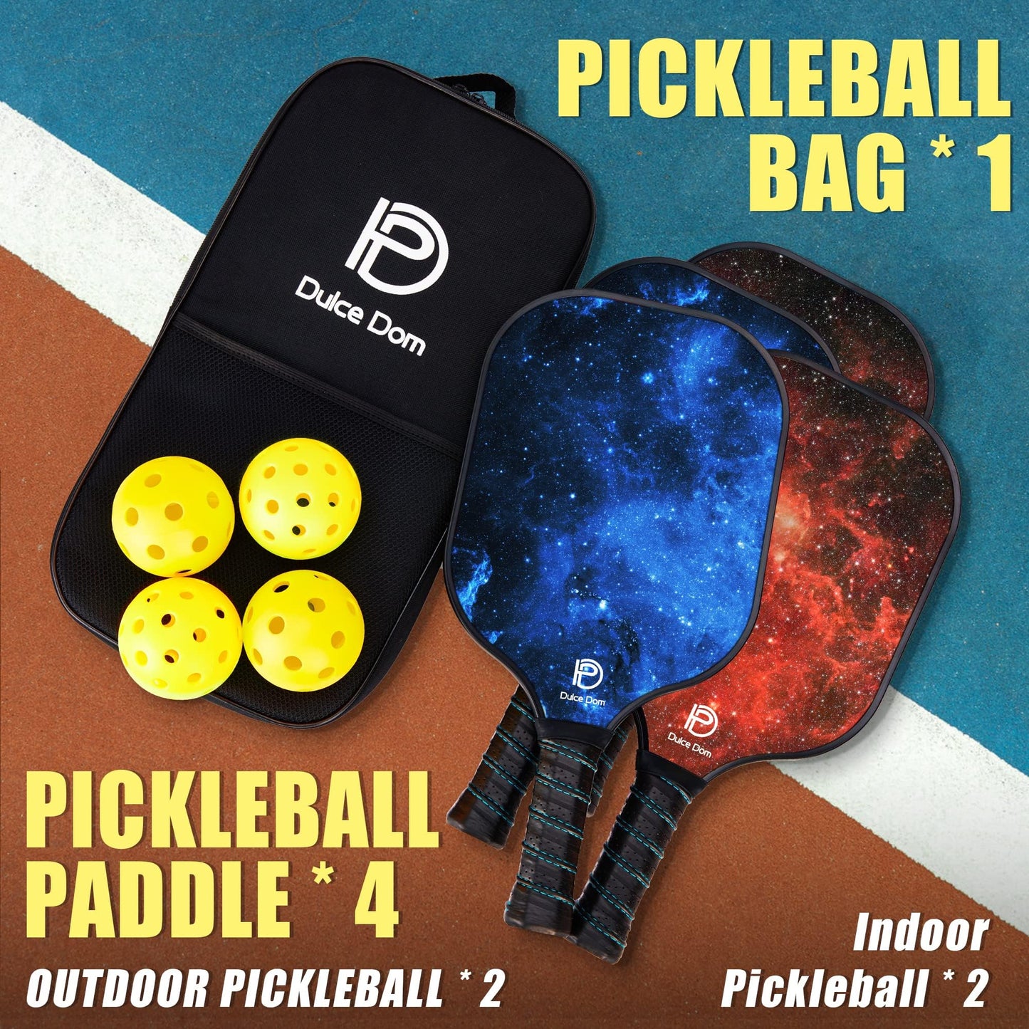 DULCE DOM Pickleball Paddles, USAPA Approved Lightweight Pickleball Set with 4 Premium Balls and Bag, Perfect Pickleball Rackets Gifts for Women Men