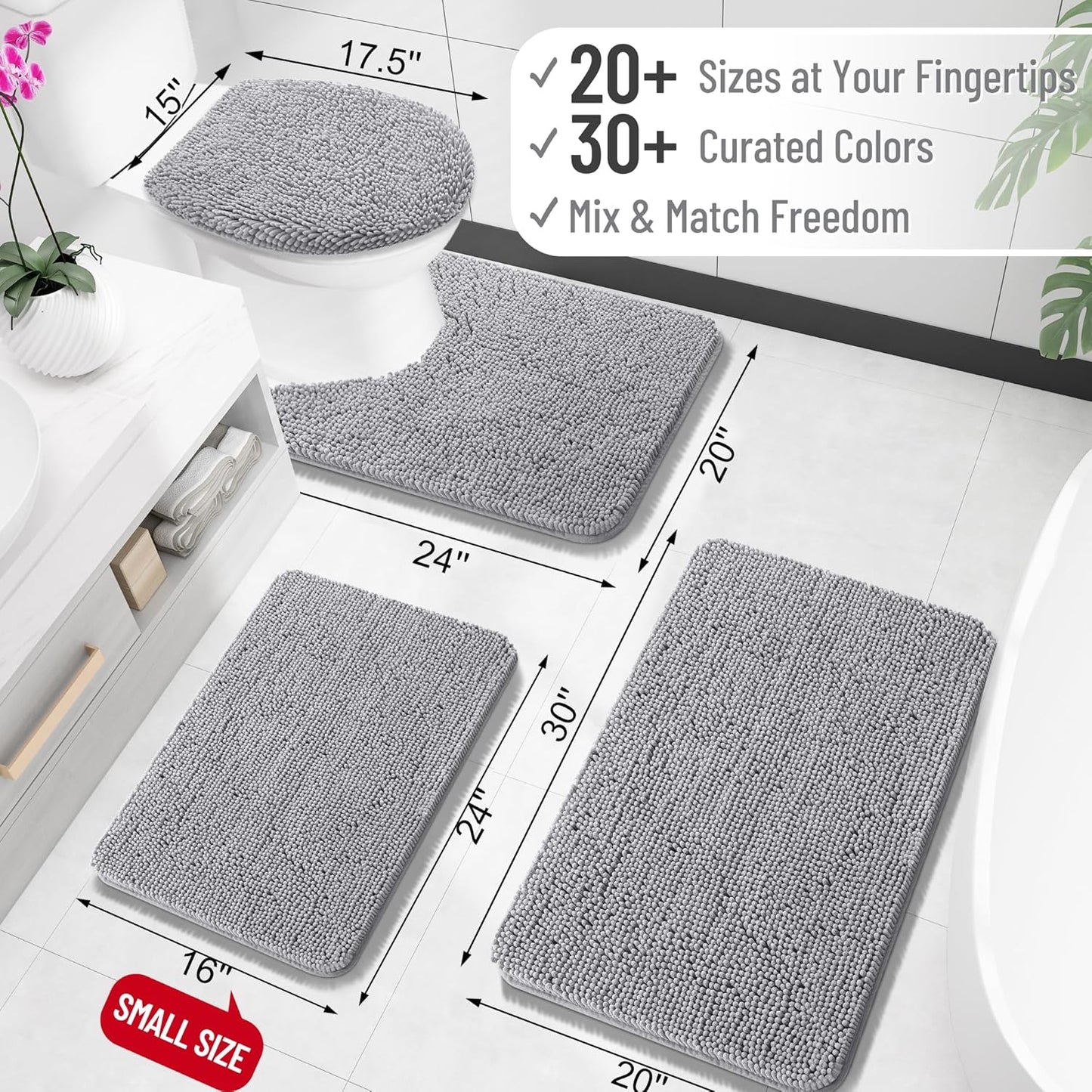 OLANLY Bath Rugs - Extra Soft Absorbent Chenille | Quick-Dry Rubber Backing, 34x21 Inches, Grey